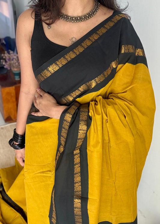 Turmeric yellow with black, rettaipettu sungudi, soft cotton - YCCOTNJSUN06