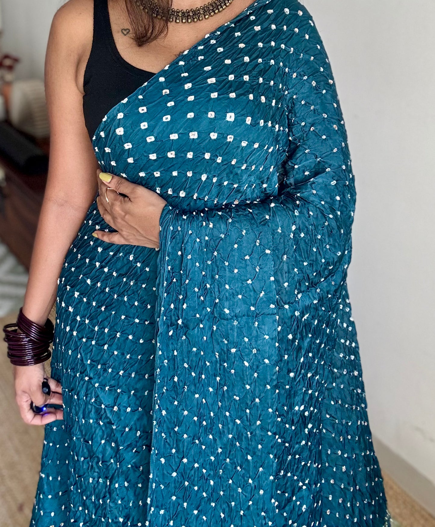 Teal/peacock blue, crushed bandhej pure modal silk saree with lagdi patta zari pallu - YCTOKBM330