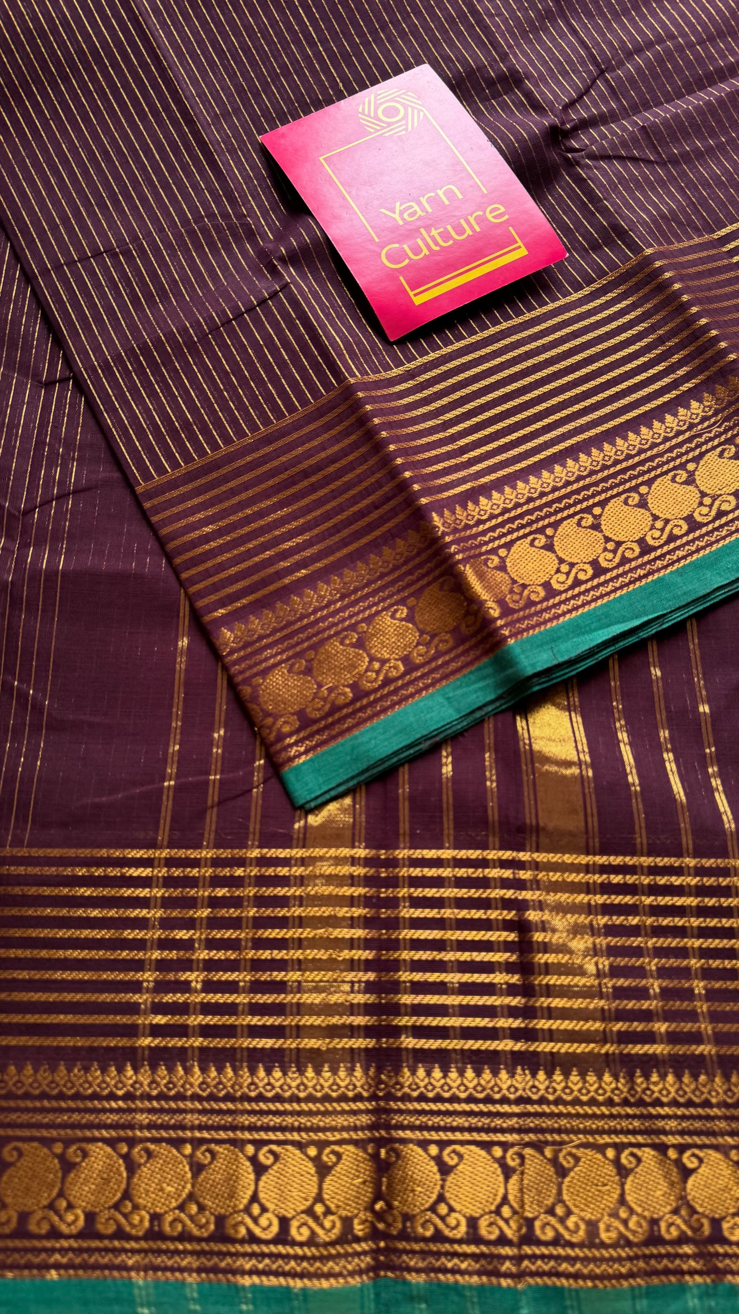 Kanchi cotton saree, brownish maroon with gold stripes, paisley border - YCCOTNAP93