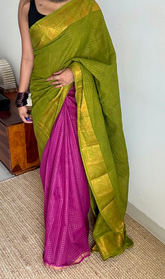 Light green with vadamalli checks, sungudi cotton half-half saree - YCCOTNIDMA287