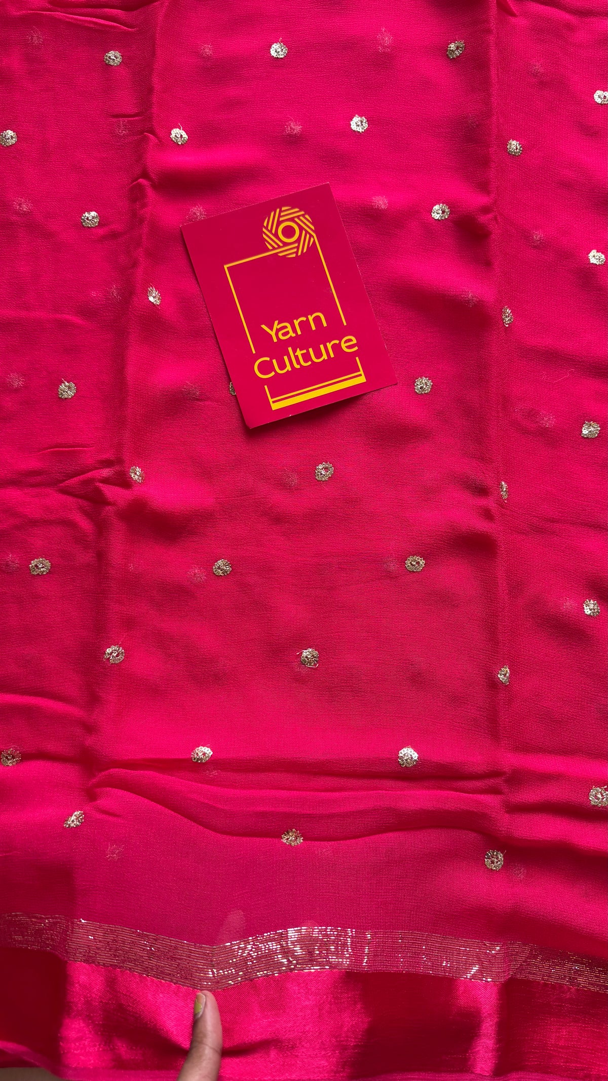 Rani pink viscose georgette saree, gold buttas, satin border - YCDOSOC46