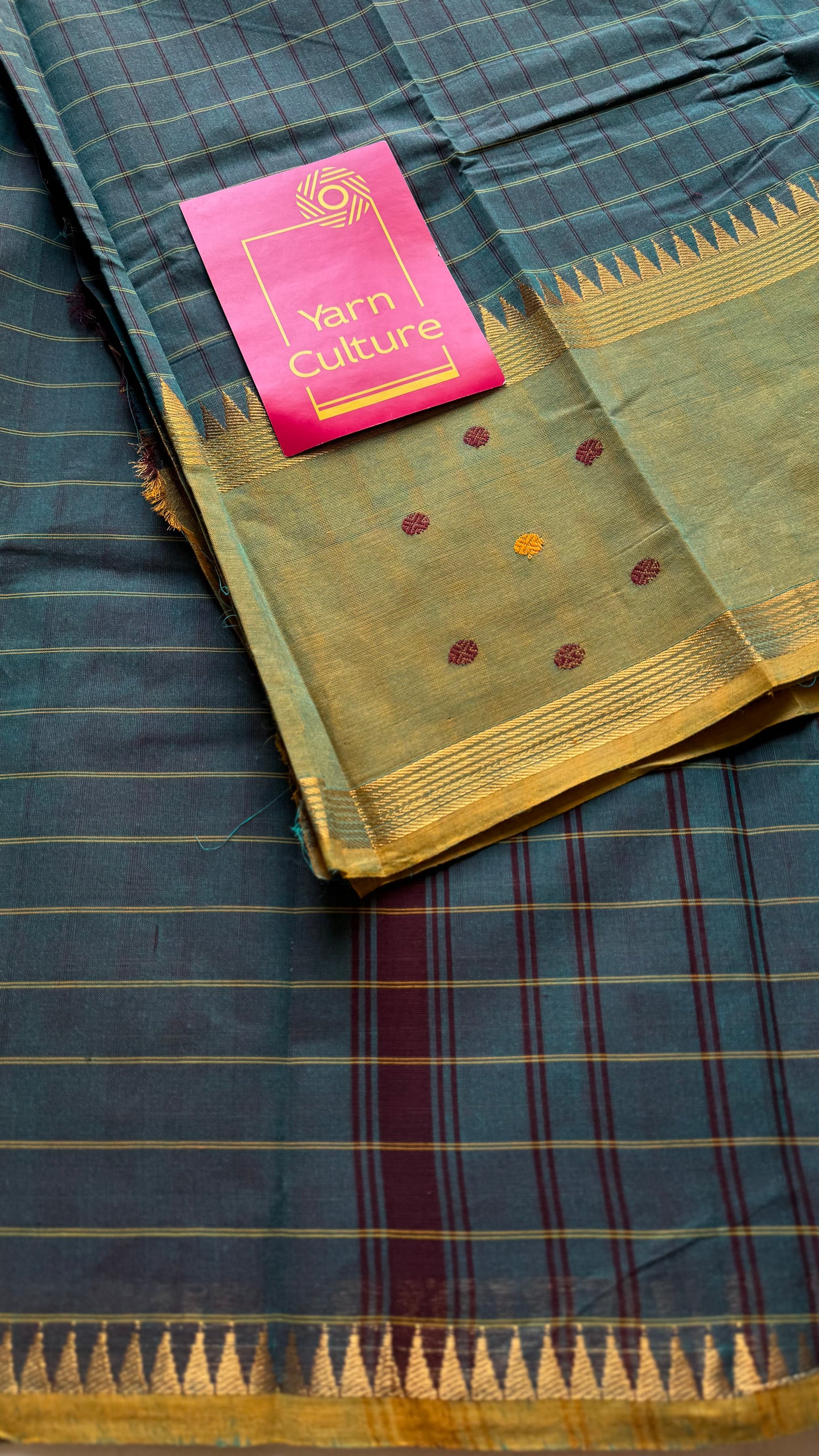 Dark teal and light green contrast, checkered Chettinad cotton saree - YCCOTNMA269