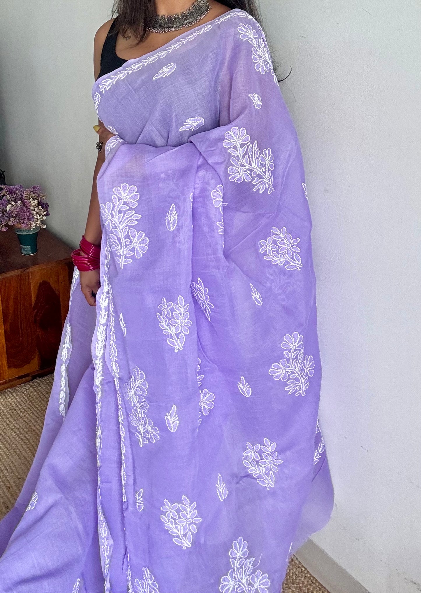 Inaya - lilac hand-embroidered chikankari cotton saree - YCLCKFE419