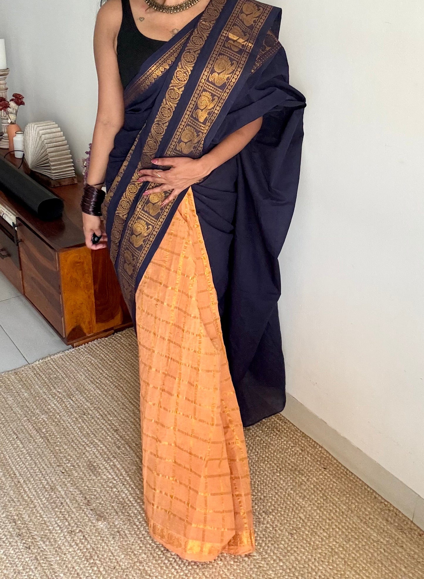 Dark blue with musk, sungudi cotton half-half saree - YCCOTNIDMA318