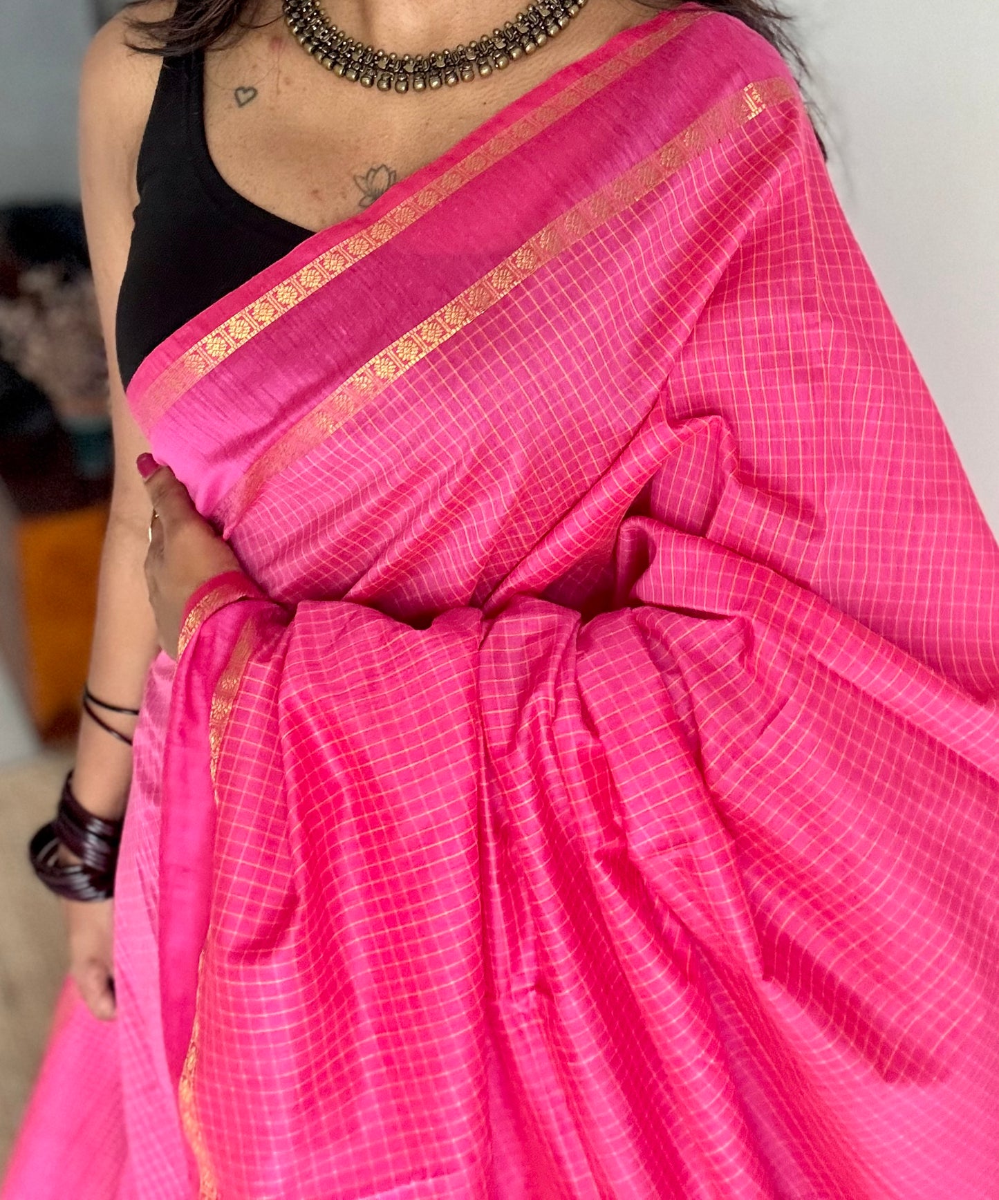 Hot pink, arani checks, cotton silk - YCCOTNOCAR08