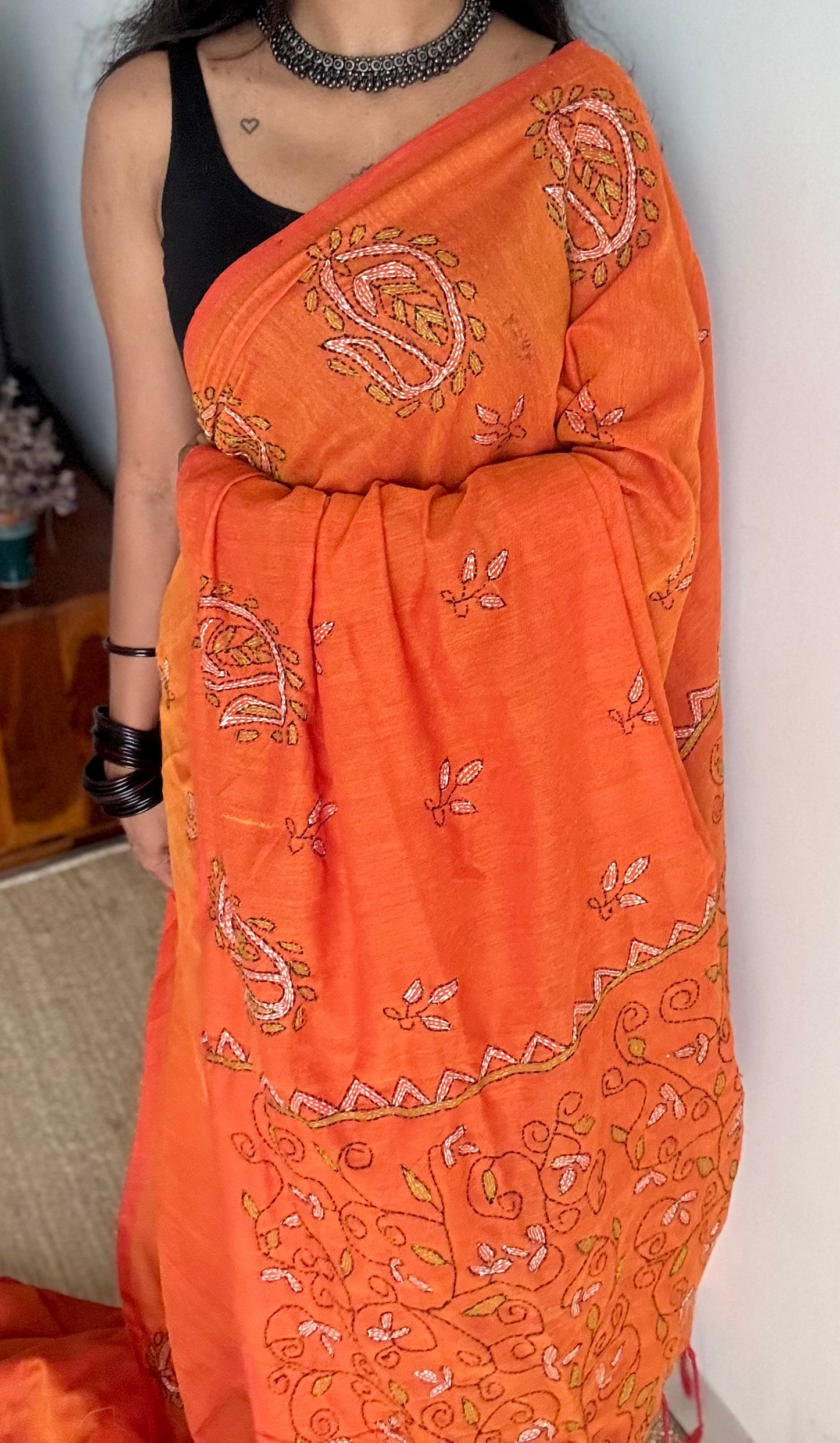 Shondhya Alo (সন্ধ্যা আলো) - Evening Light, orange kantha weave in soft khadi cotton - YCBCSEKC07