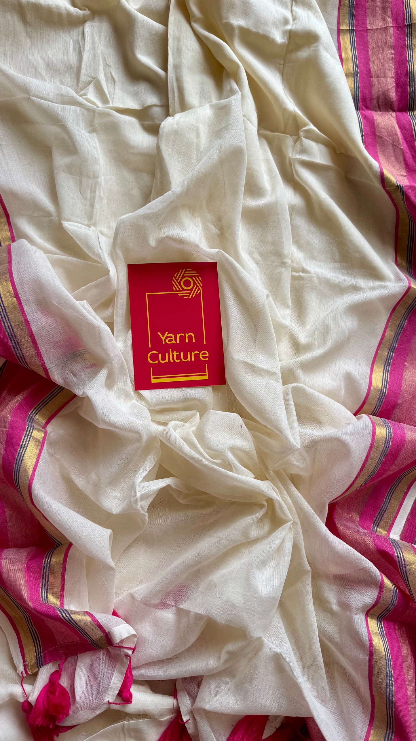 Ivory mul saree, hot pink and gold border  - YCIEON25
