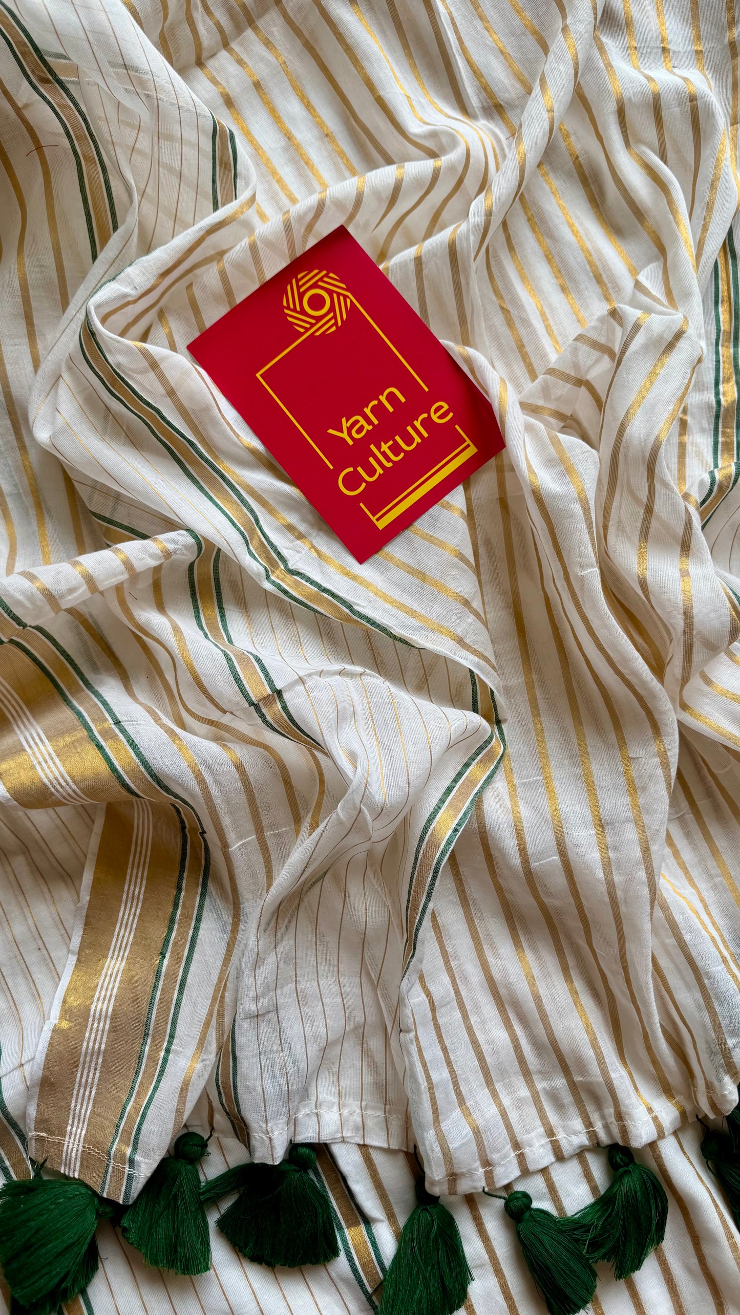 Ivory mul saree, green and gold stripes - YCIEON05