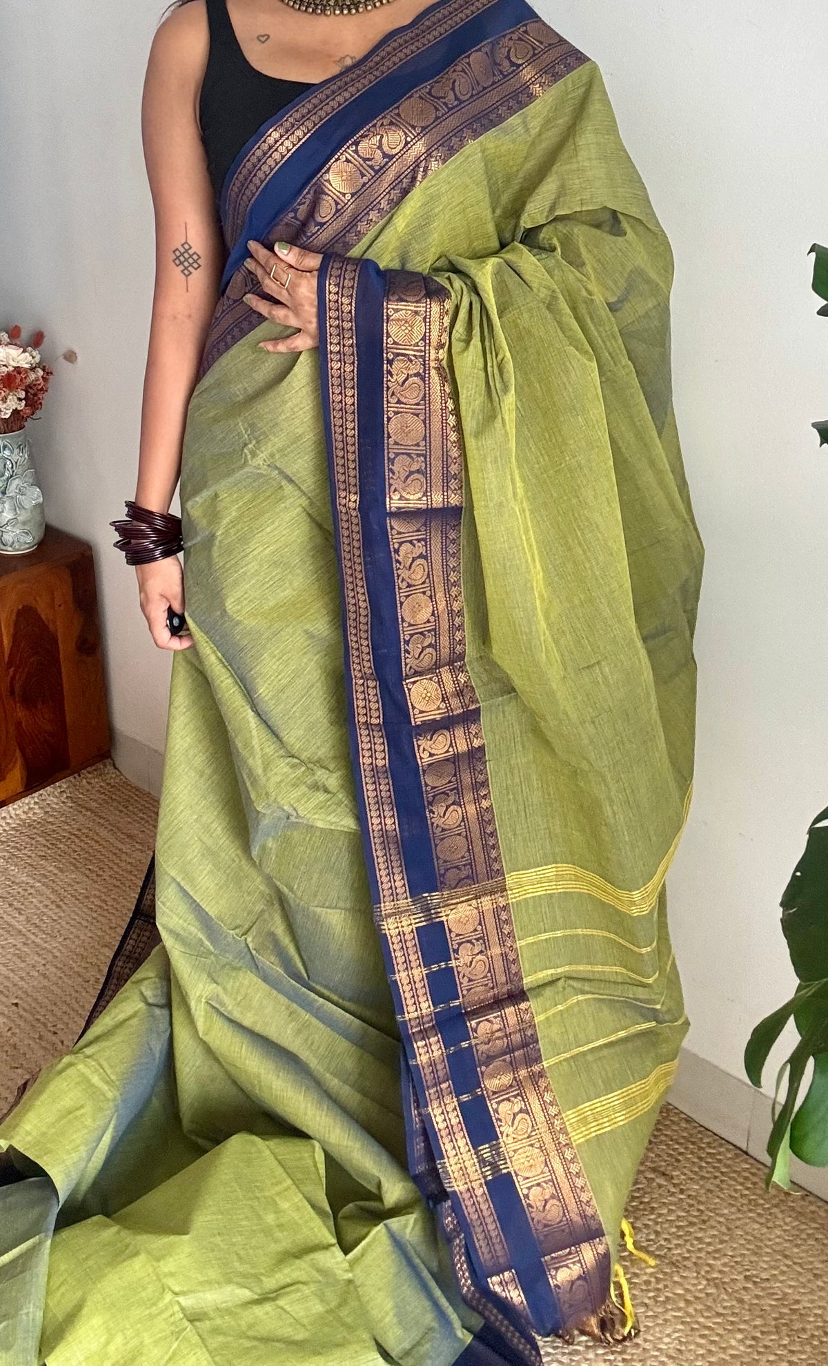 Green with blue gap zari border, kanchi cotton saree - YCCOTNCCOC115