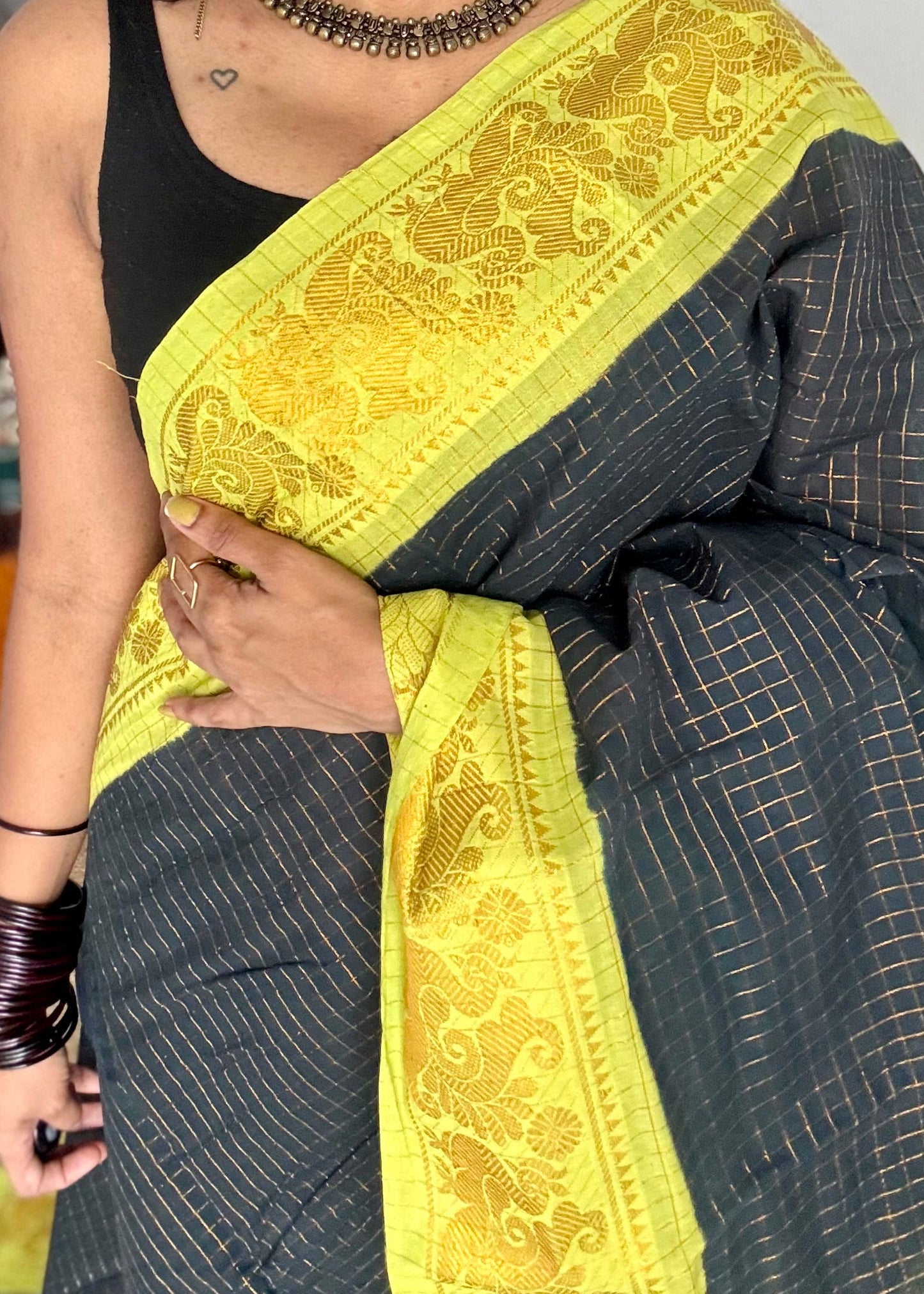 Black with lime green checkered sungudi, madurai cotton - YCCOTNSUDE44