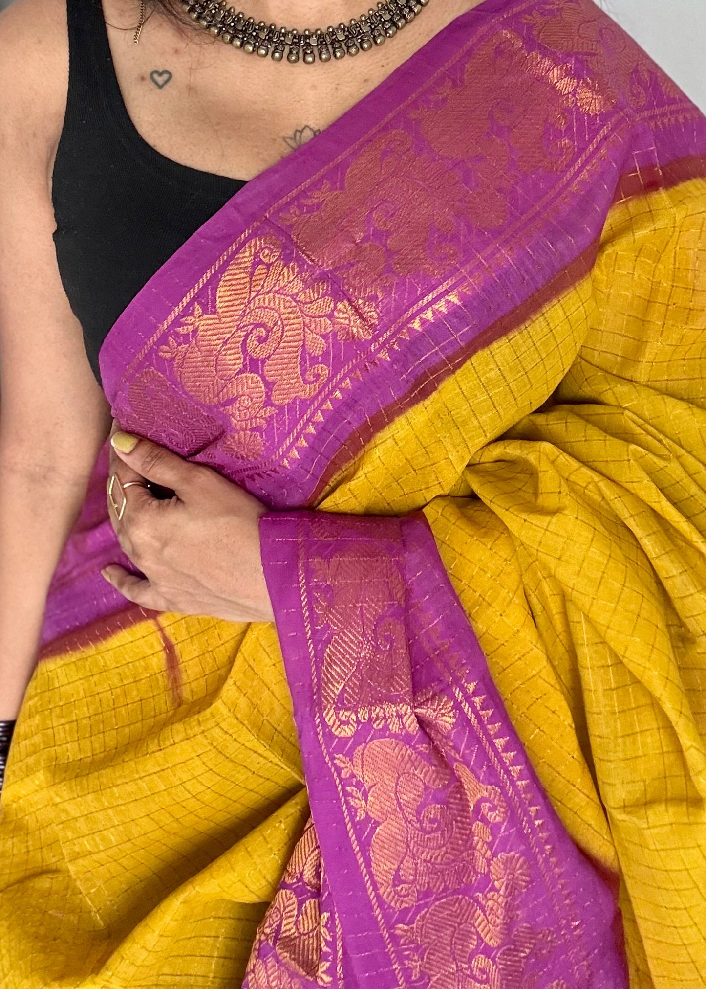 Ginger yellow with magenta checkered sungudi, madurai cotton - YCCOTNSUDE46