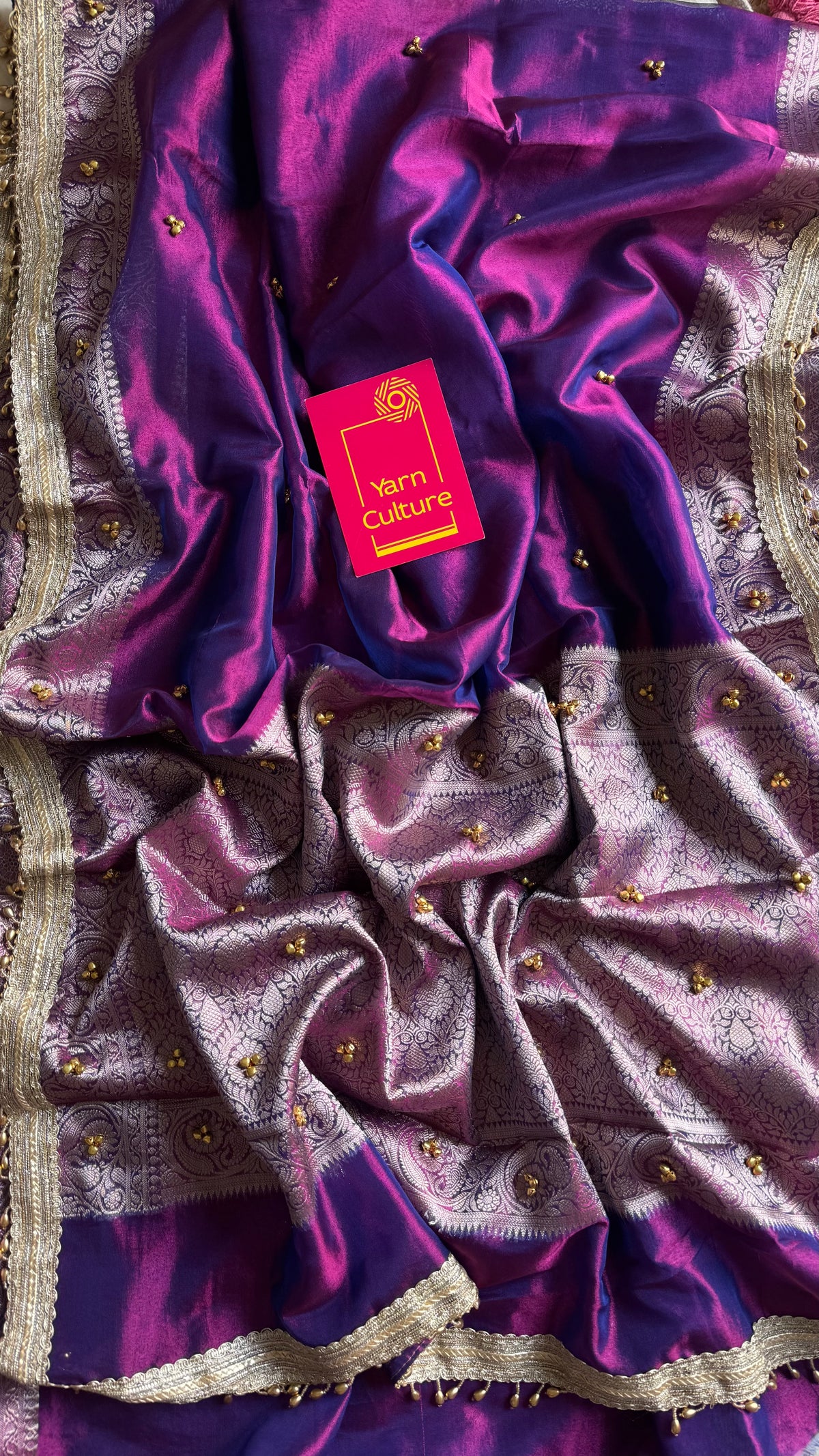 Purple gold tissue Banarasi saree with ghungroo embellishments and beaded lace border - YCBLTOC67