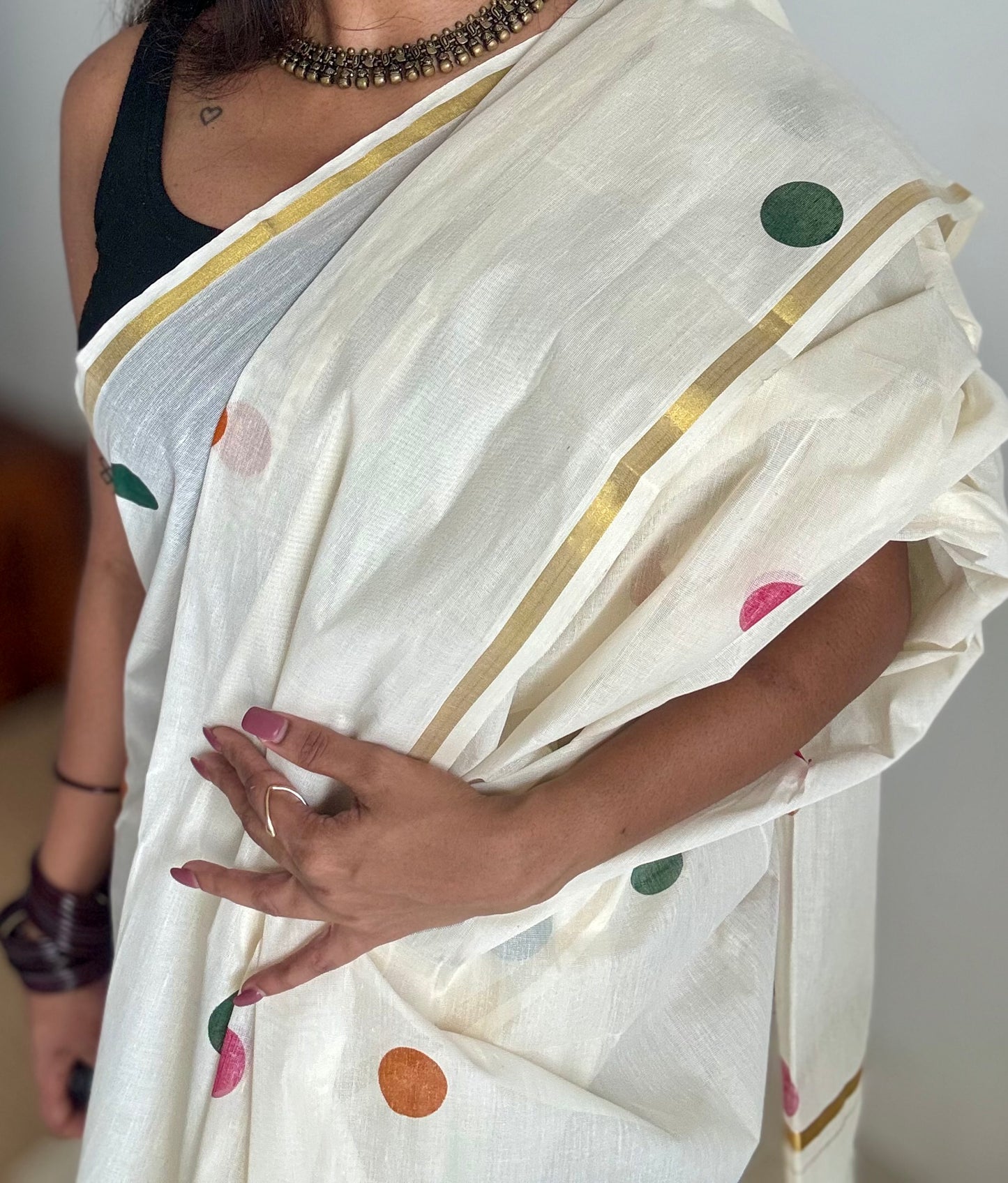 Ivory and gold soft cotton thin border kasavu saree, dark pink, mustard and green polka - YCIEON75