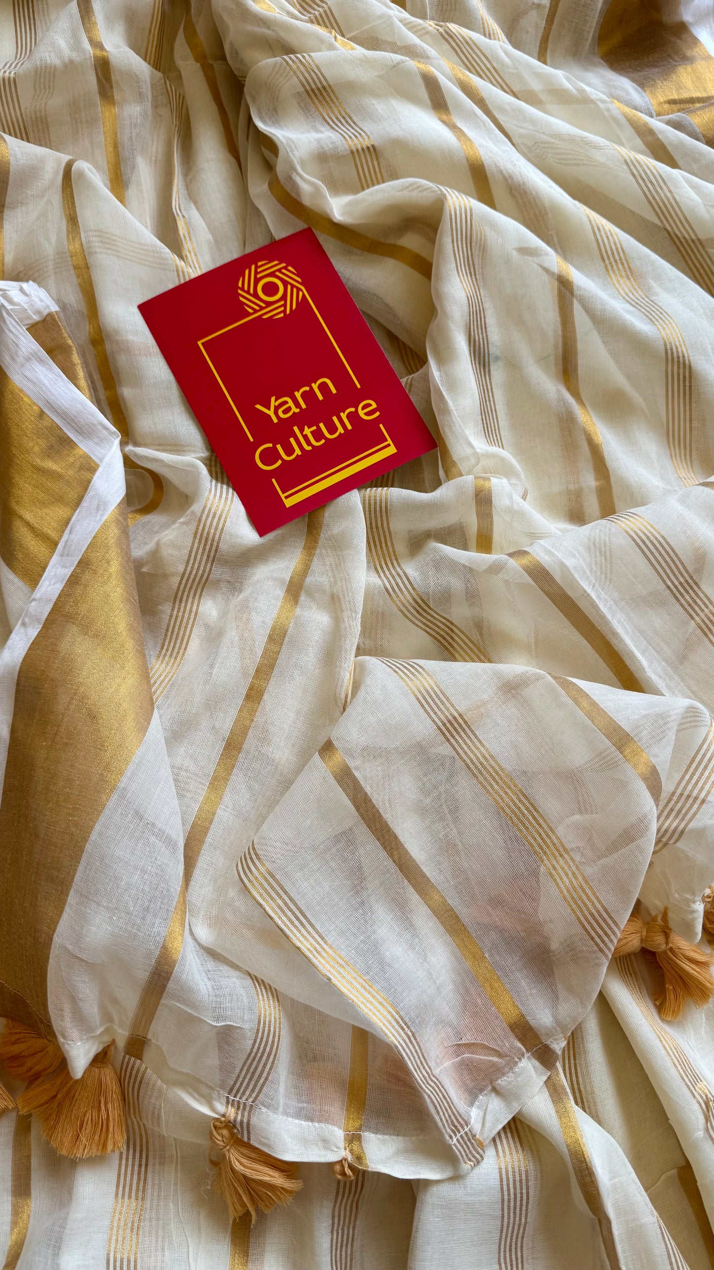 Ivory mul saree, gold stripes - YCIEON01