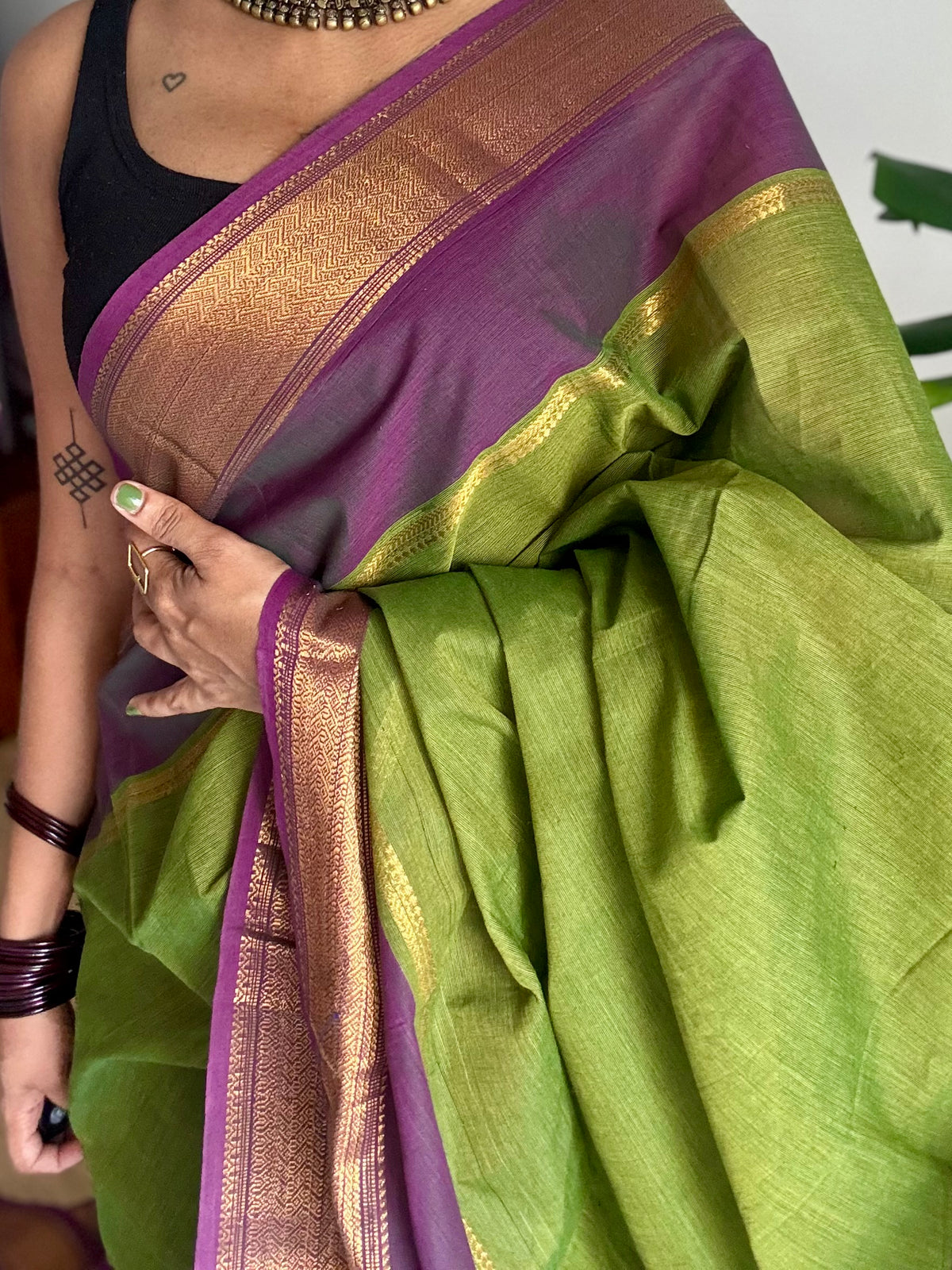 Green with wine gap zari border, kanchi cotton saree - YCCOTNCCOC113