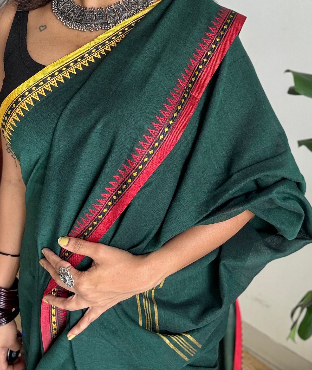 Handloom Bengal soft cotton saree, dark green with yellow and red woven dual tone borders - YCBCMCSE41