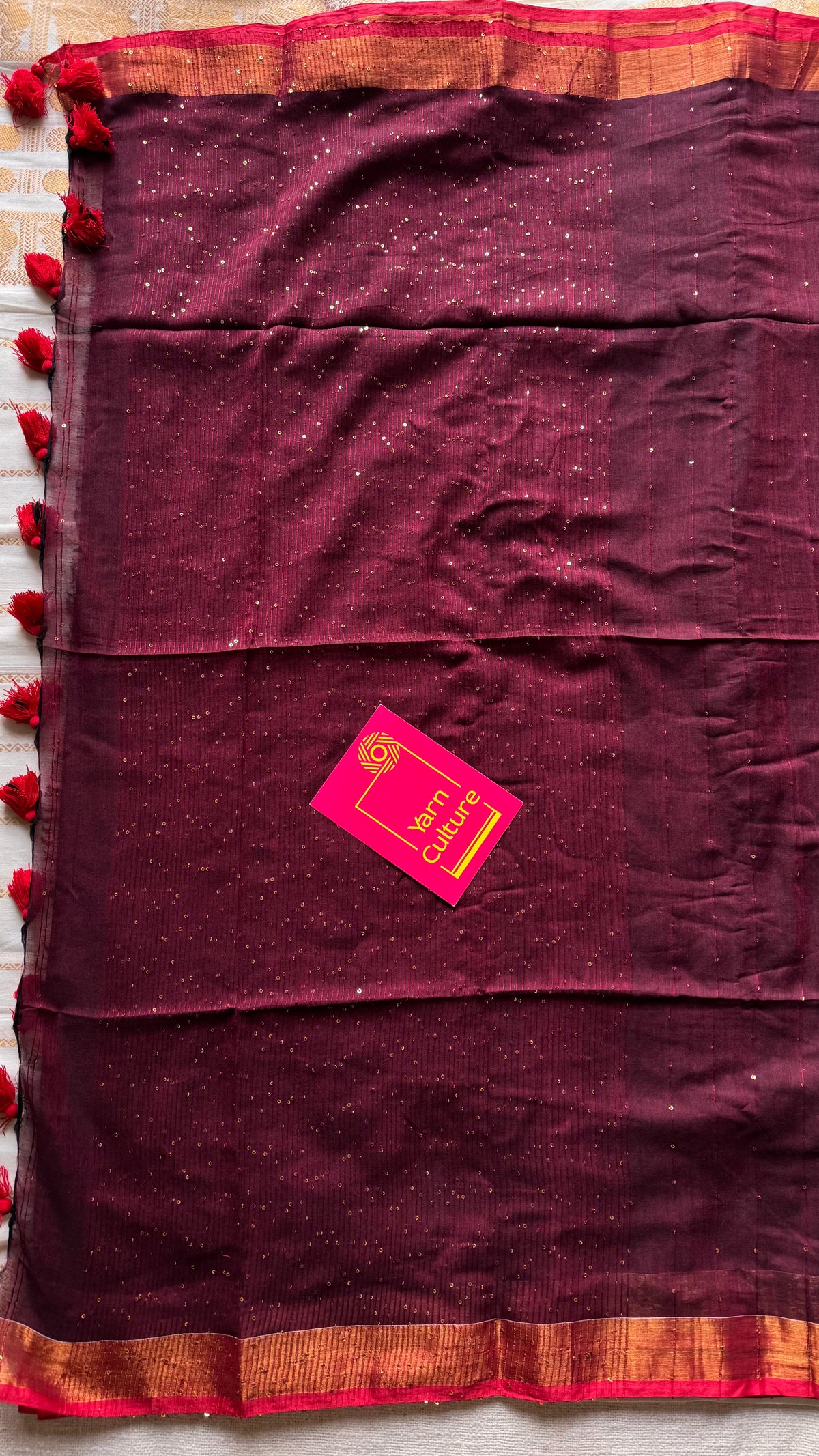 Maroon mul cotton saree with sequins and zari border - YCBCMCSE30
