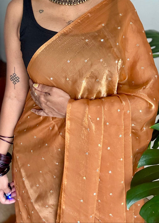 Metallic dual tone space silk saree, sandal gold with sequins - YCDOSOC47