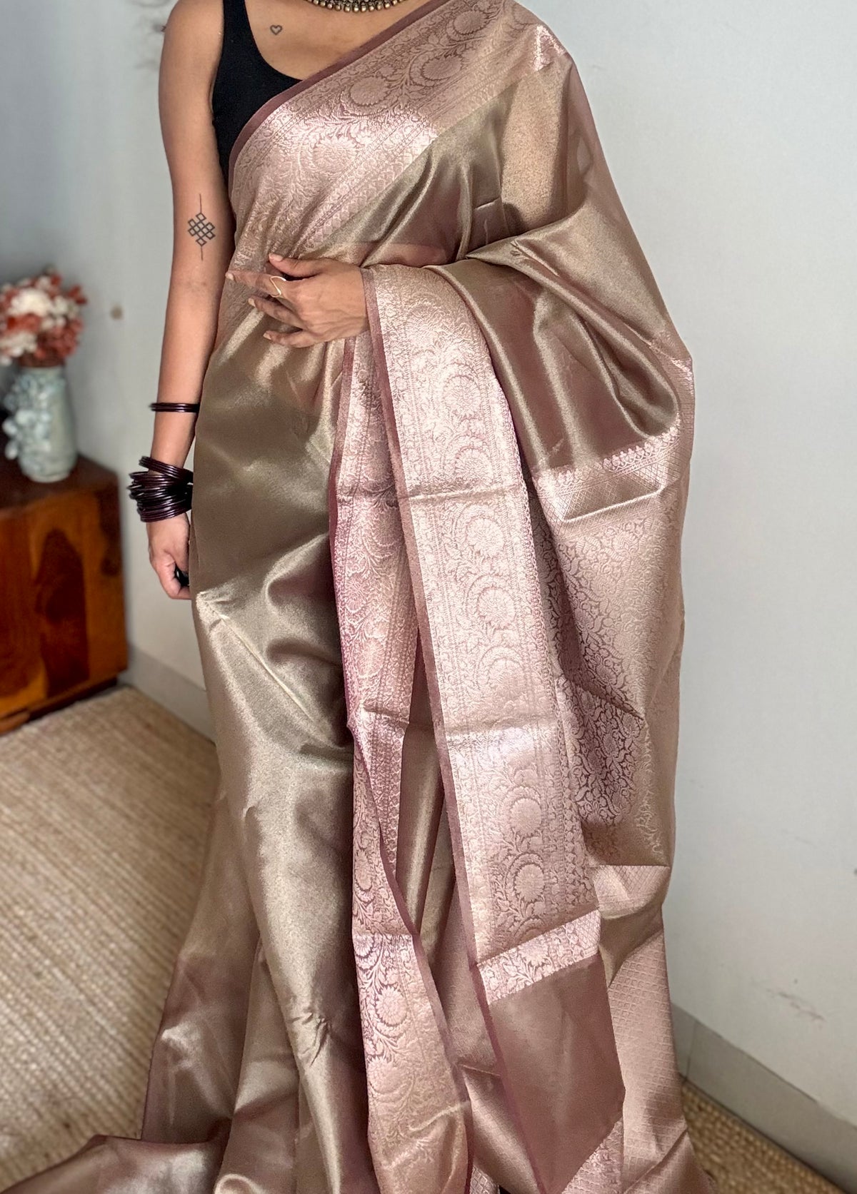 Champagne brown tissue Banarasi saree with zari border - YCBLTOC83