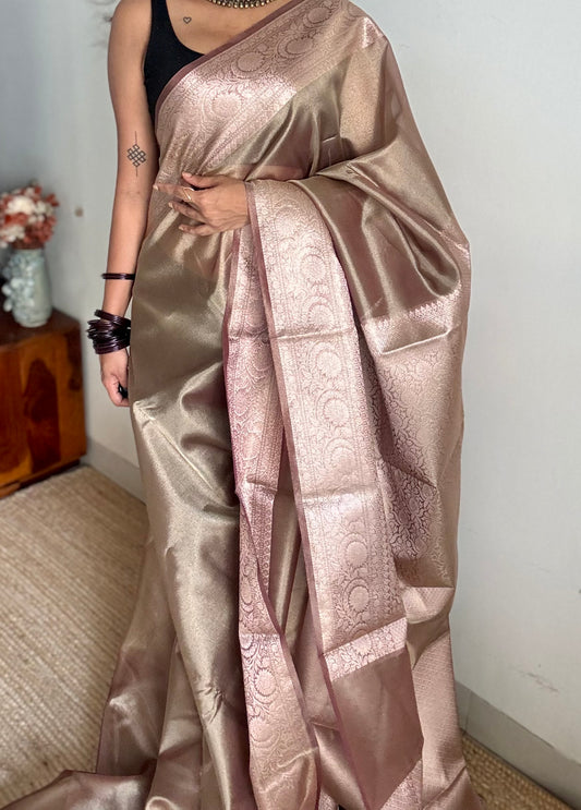 Champagne brown tissue Banarasi saree with zari border - YCBLTOC83