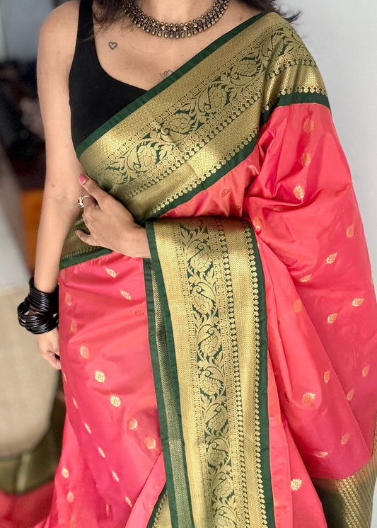 Kavini - peach with dark green, handloom korvai semi silk - YCCOTNFEJUKS01