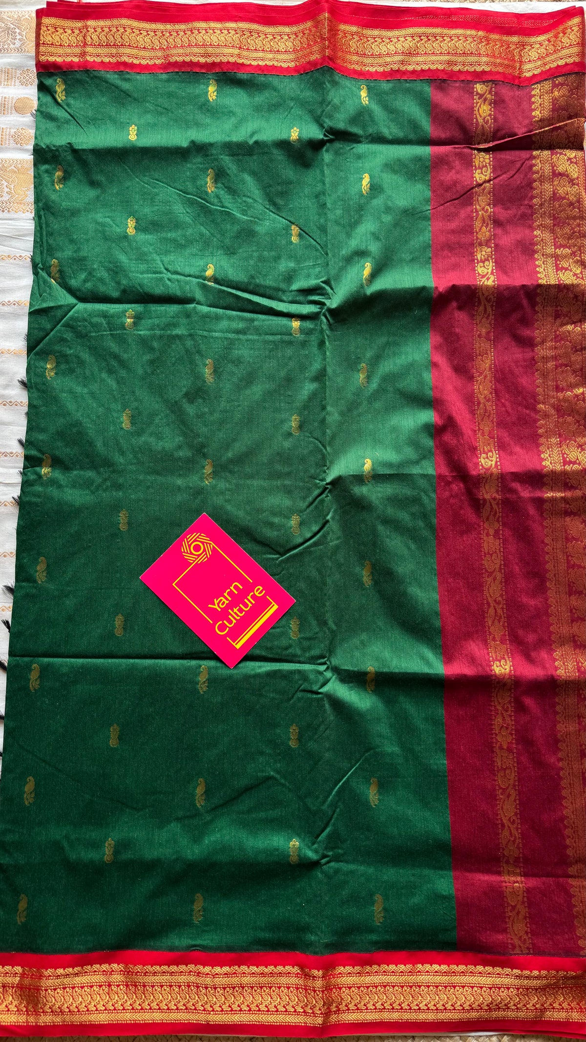 Green with red, cotton silk saree with zari border - YCCOTNKCOC108