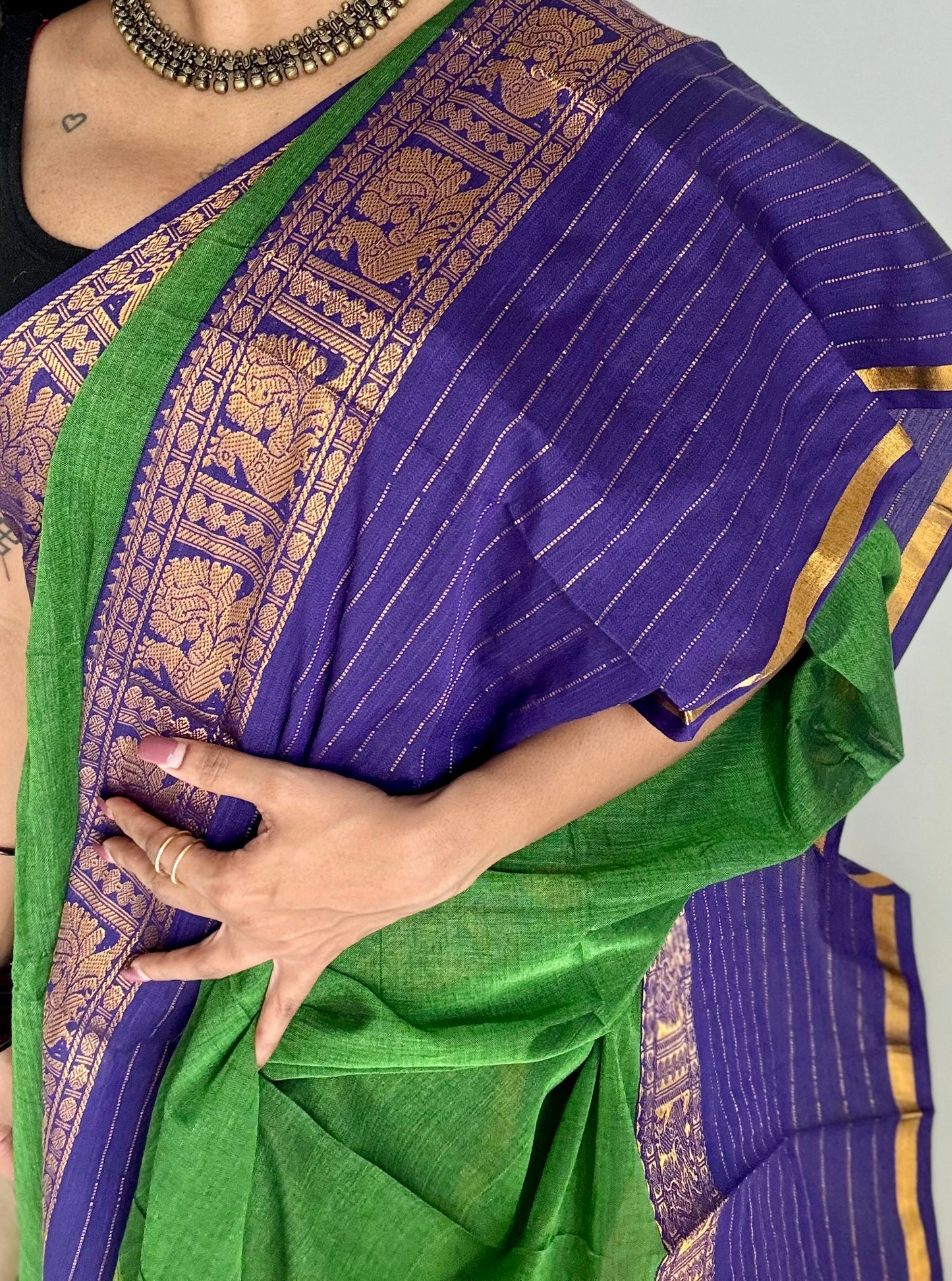 Green with blue border, premium narayanpet soft cotton - YCWOTDAUG09