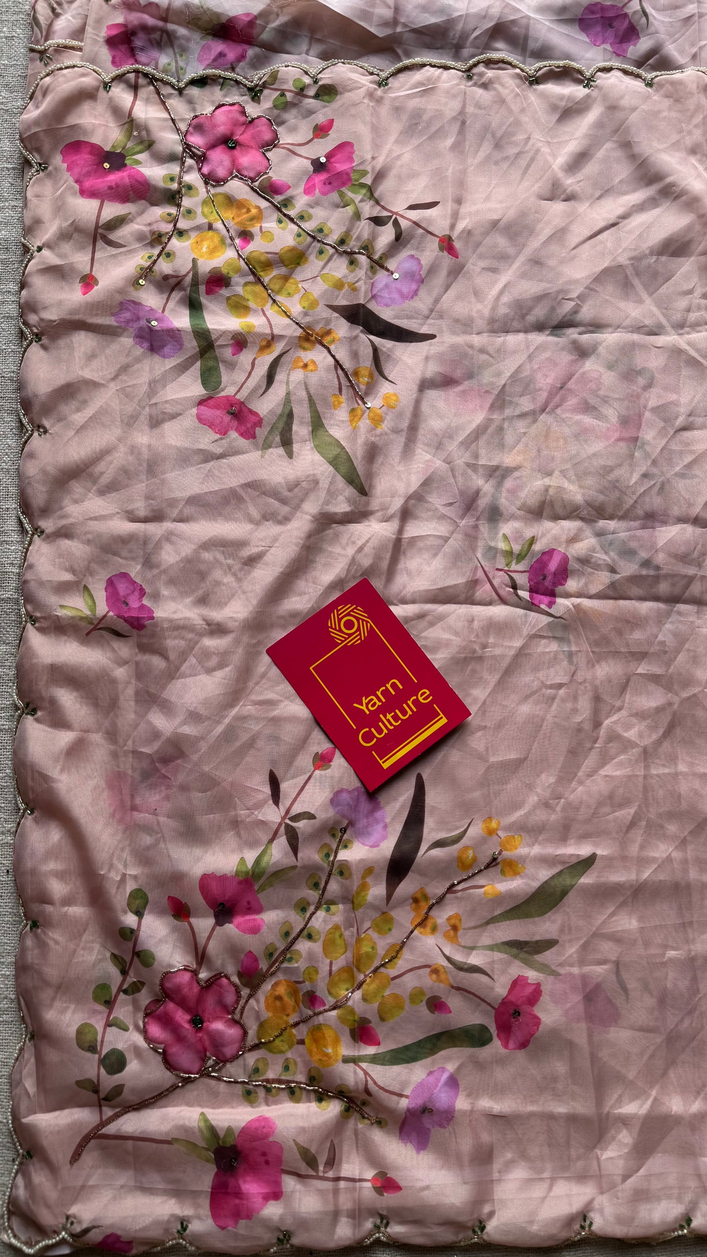 Peach Bloom - peach floral handworked sequins work, tabby silk - YCDOSNO49