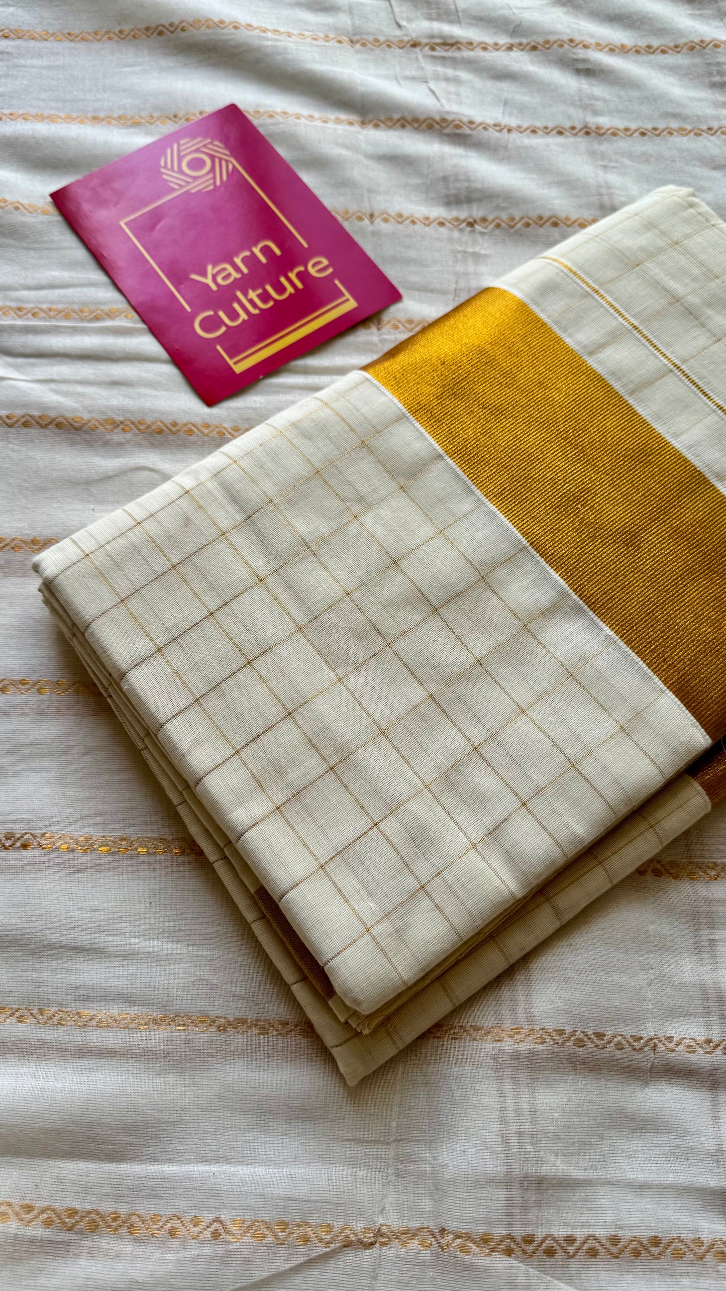 Ivory and gold soft cotton kasavu saree, checks - YCIEON79