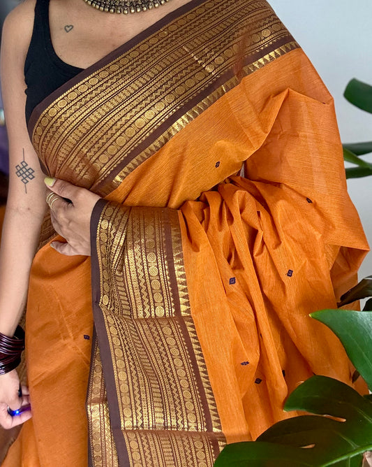 Orange with brown zari border chettinad cotton saree - YCCOTNCKSE16