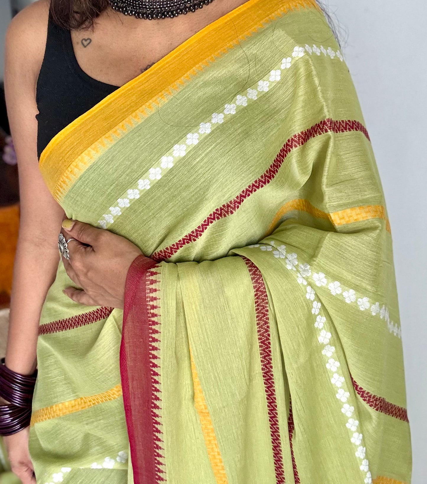 Dhonekhali handloom soft cotton saree, light green with maroon, yellow and white woven stripes - YCBCDFE264
