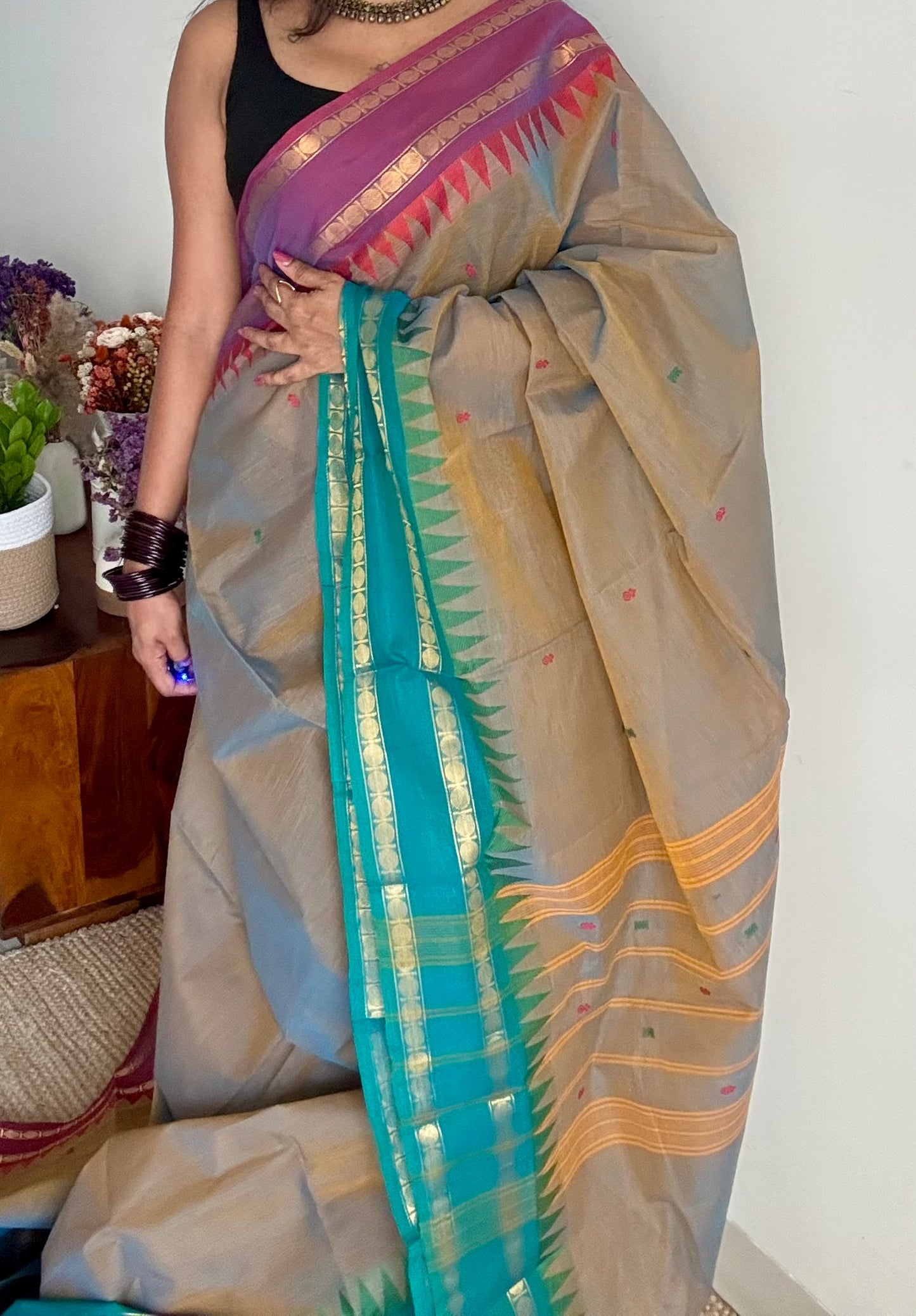 Kanchi cotton saree, warm grey with purple pink and green dual border - YCCOTNAP96