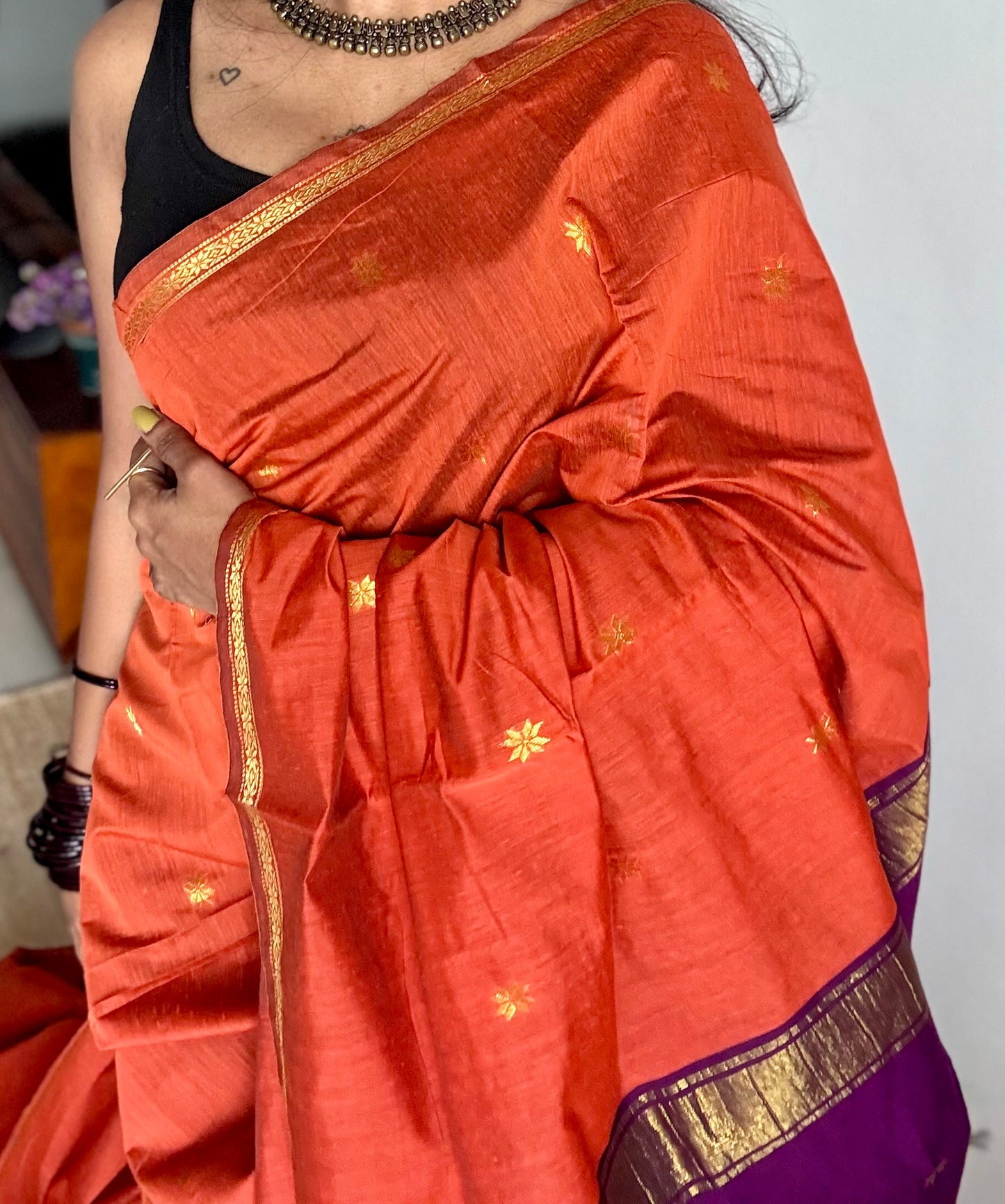 Dark orange with purple wine, gold buttas, semi maheshwari cotton silk - YCCOTNCSDE91