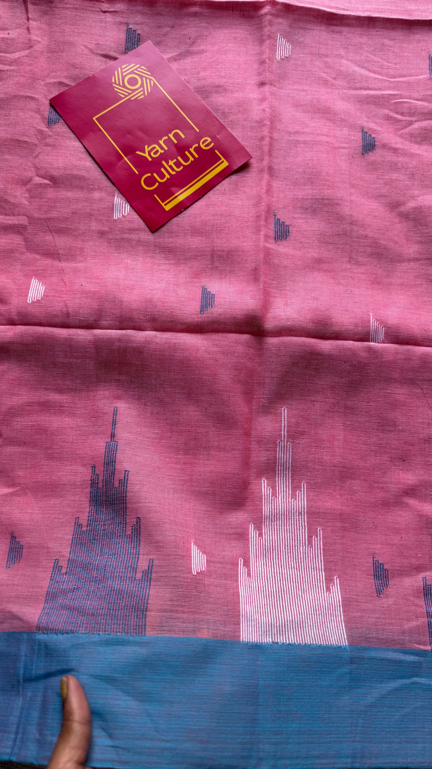 Peach pink with blue borders, temple motif woven threadwork, soft cotton - YCBCMKCDE31