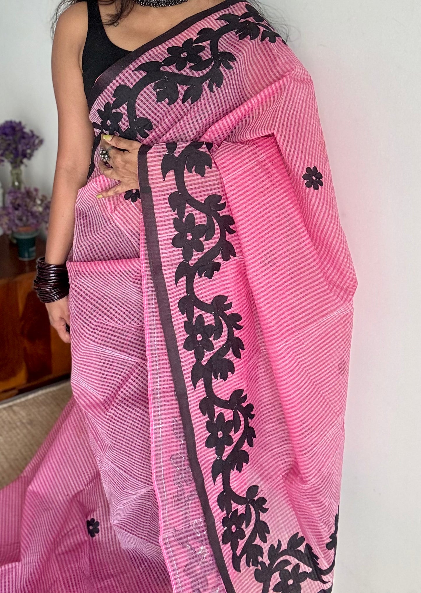 Gulaabi Drama - pink kota saree with black floral cut work - YCTORKDAP17