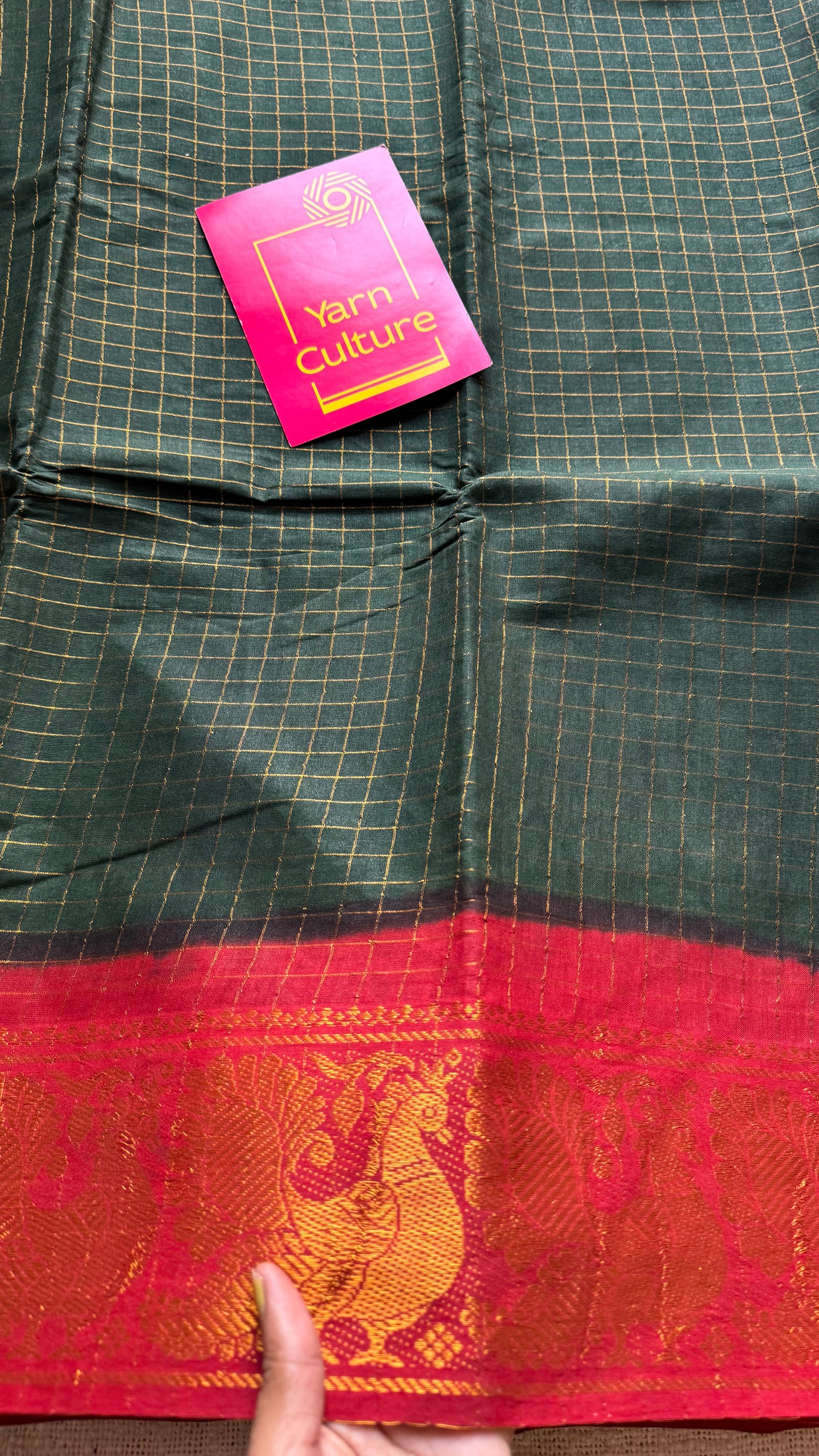 Dark green with red contrast, zari checkered sungudi, kattuchayam dyed madurai cotton - YCCOTNMSFE332