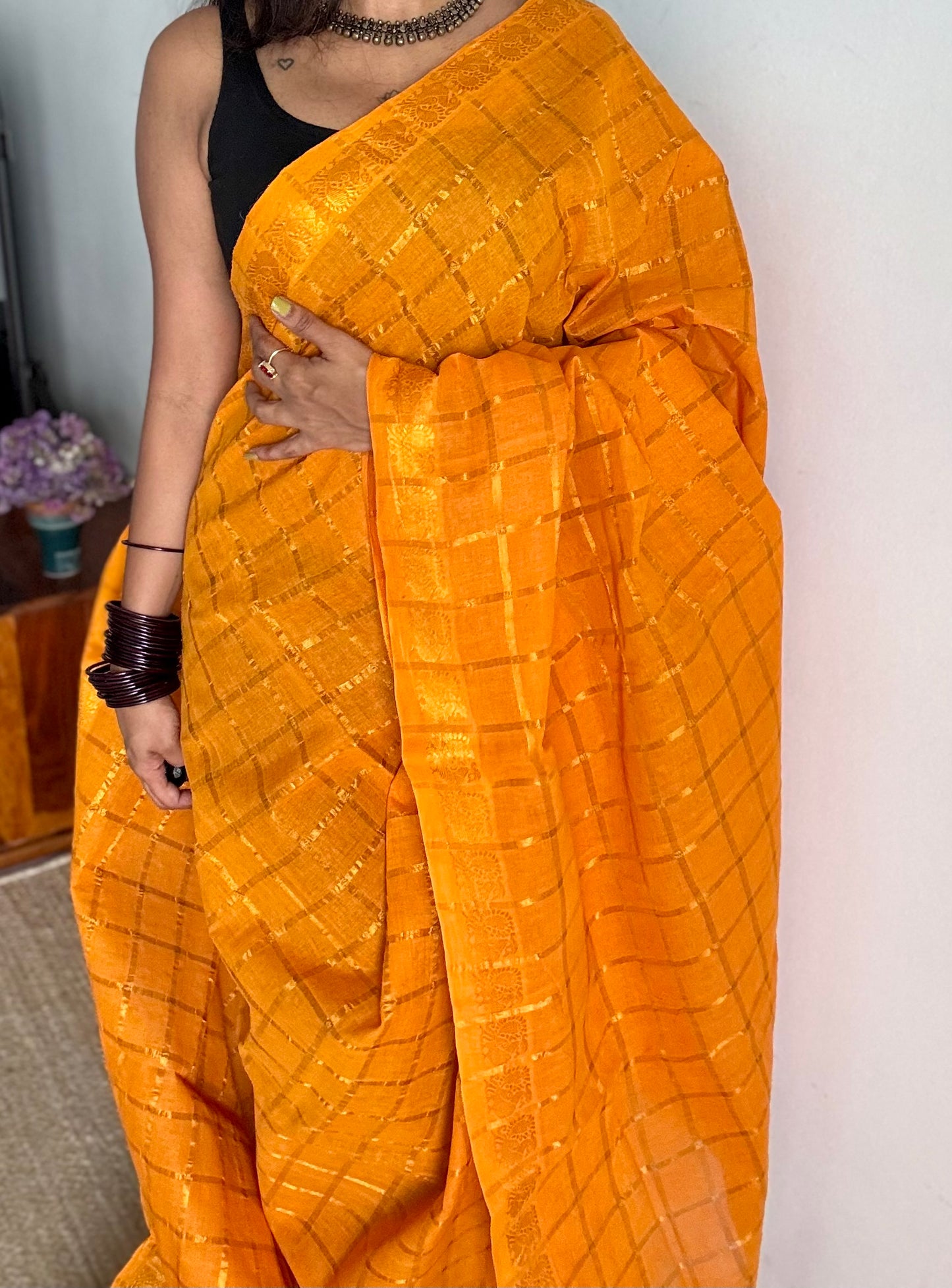 Light orange pavithra kattam kattuchayam dyed madurai cotton saree - YCCOTNMSFE122