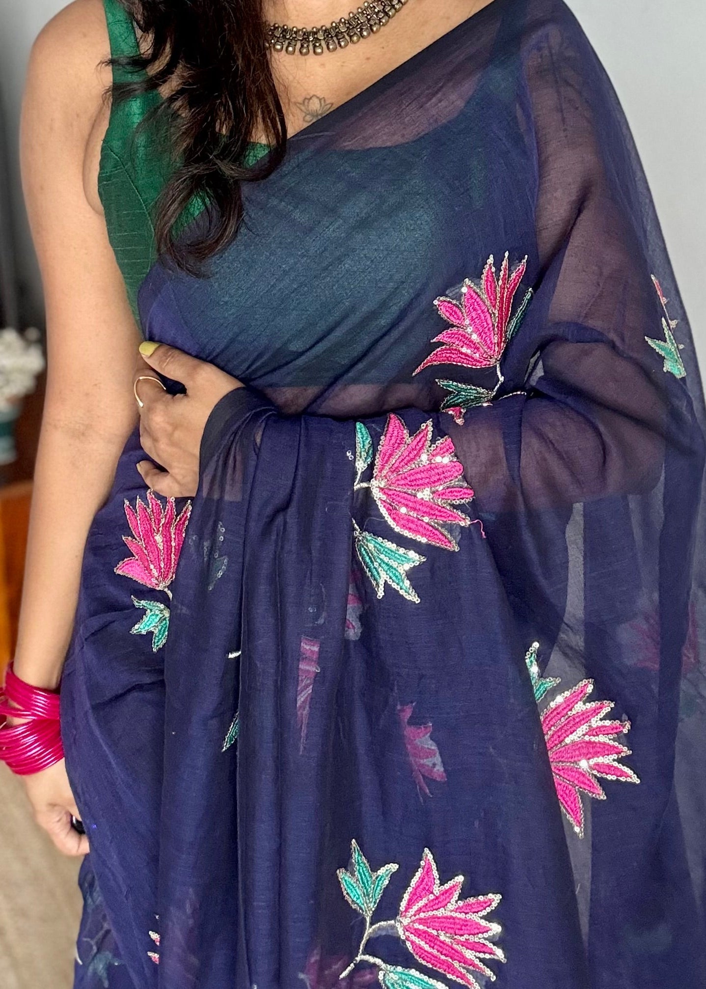 Dark blue mul with lotus sequin embroidery - YCBCMCNO66