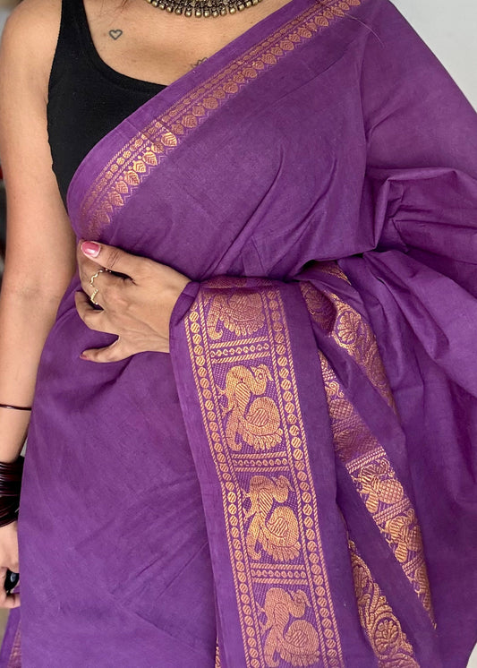 Purple long border sungudi, kattuchayam dyed madurai cotton - YCCOTNMSAP133