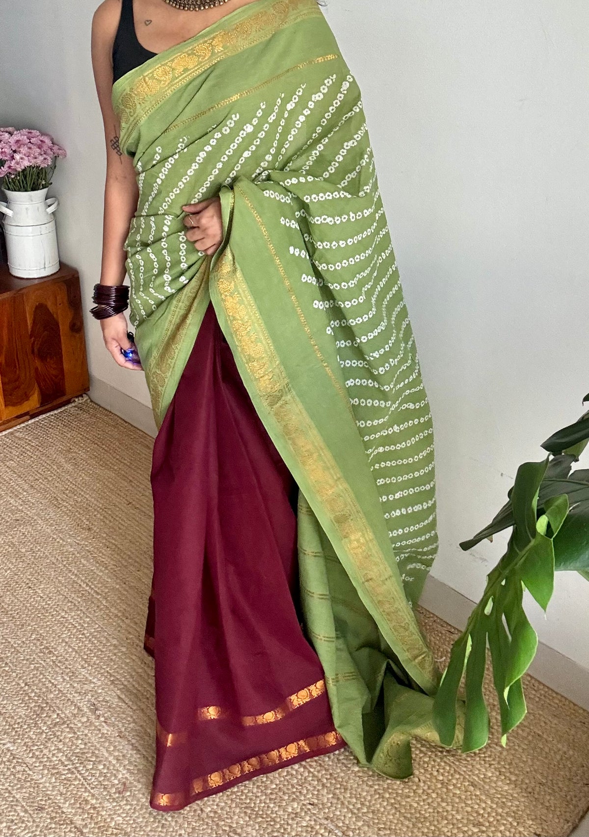 Pista green with maroon, cotton half and half saree - YCCOTNIDOC140