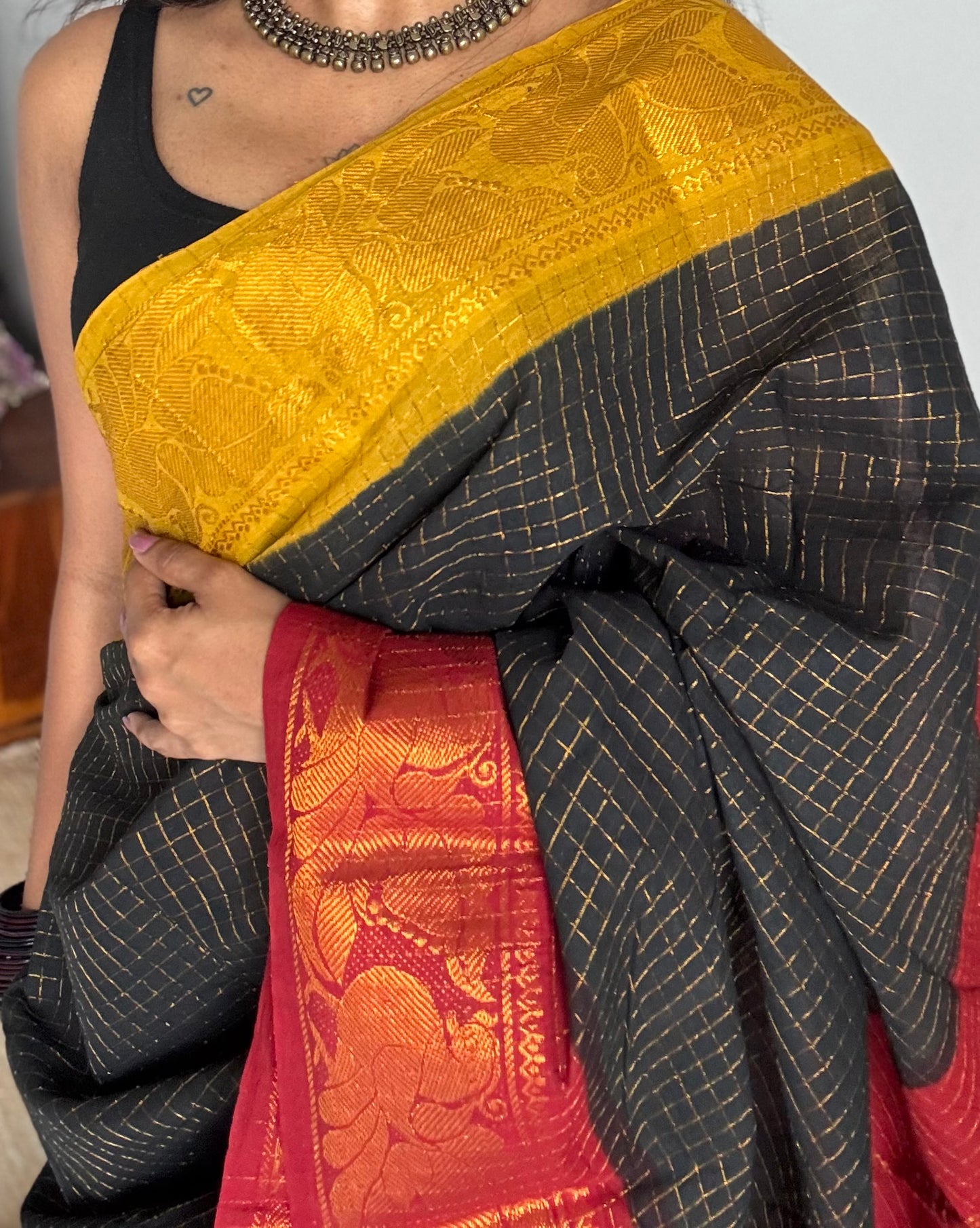 Sungudi cotton checks, black base, red and yellow dual tone border, soft cotton - YCCOTNGJJA181