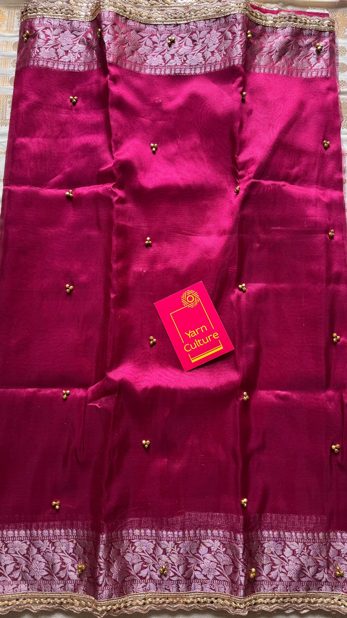 Raspberry pink silver tissue Banarasi saree with lace zari border - YCBLTOC68