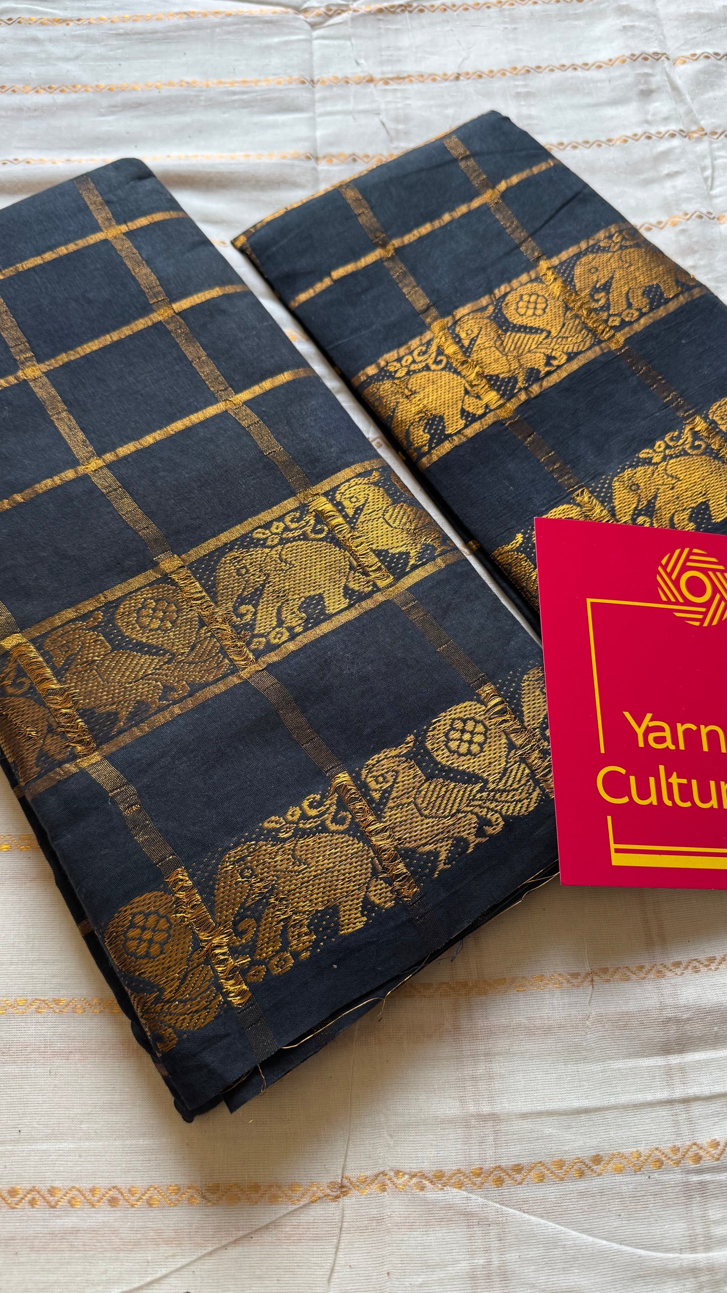 Black pavithra kattam with motif double border, kattuchayam dyed madurai cotton saree - YCCOTNMSAP174