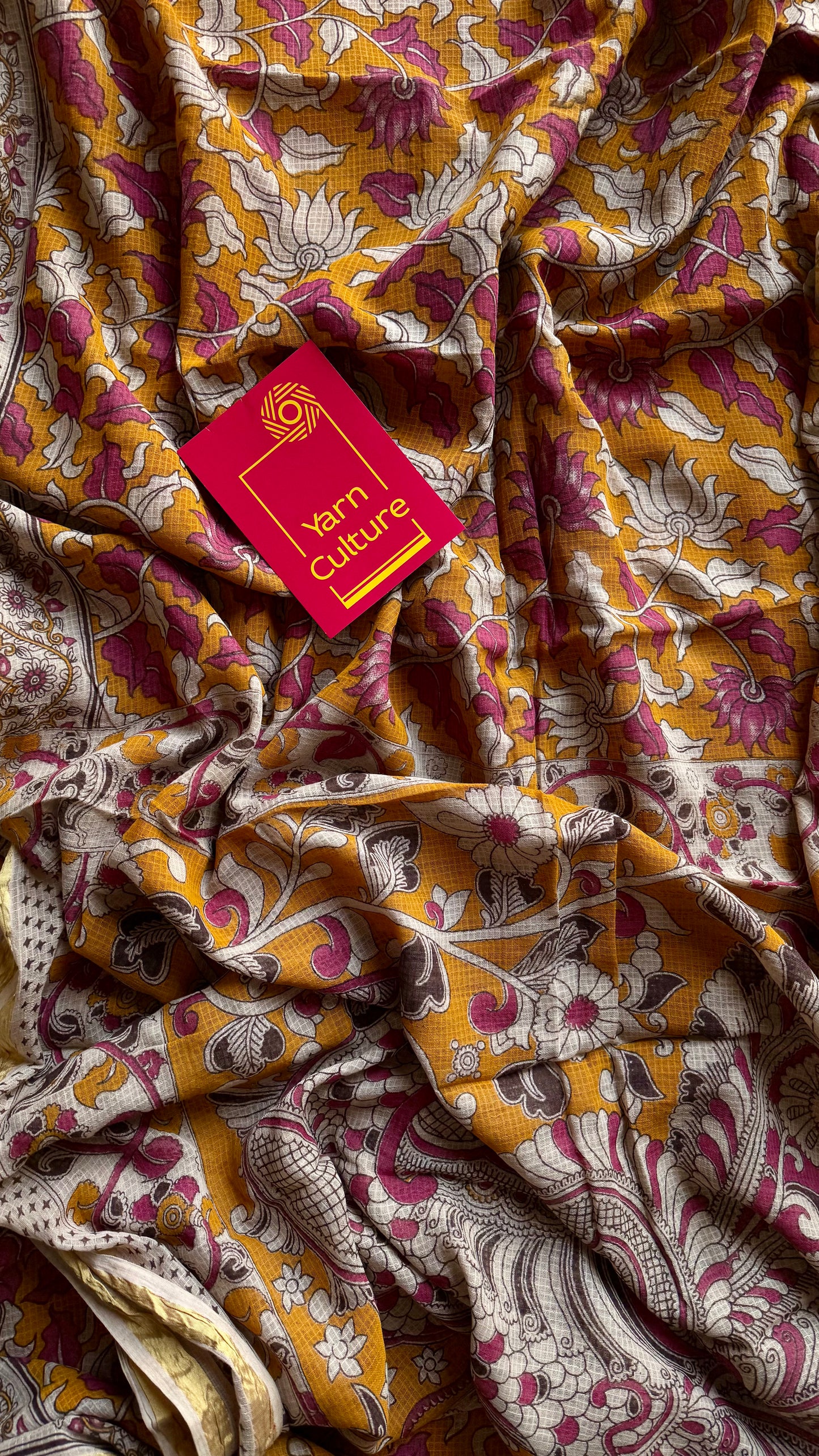 Orange pink kalamkari saree in kota, with zari border - YCWOTDKKFE14