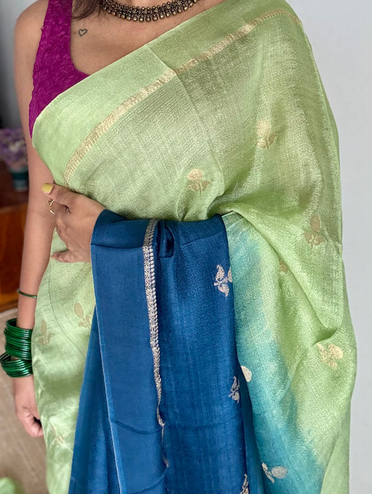 Pista green peacock blue dual tone in viscose soft silk with satin border, jacquard zari motifs - YCDOSFE195