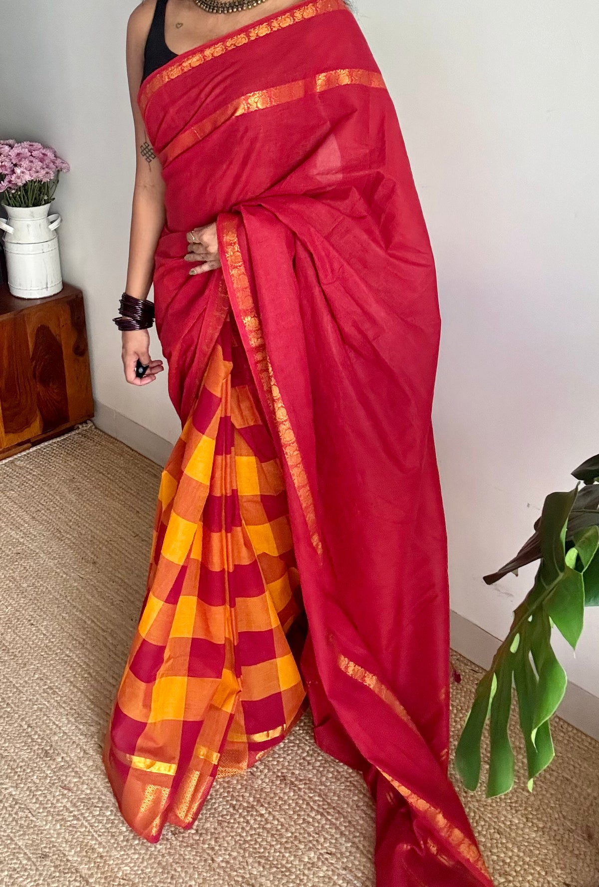 Chilli red with multicoloured checks, sungudi and chettinad cotton half and half saree - YCCOTNIDOC142