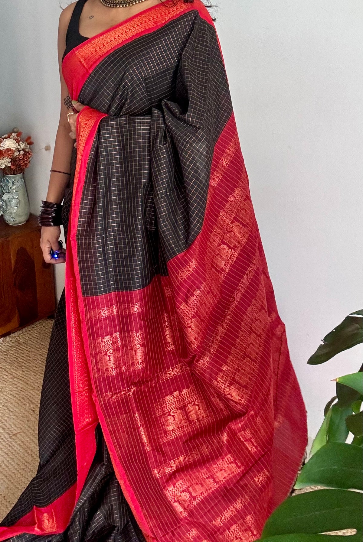 Black with red, zari checkered saree, cotton silk - YCCOTNKCOC104
