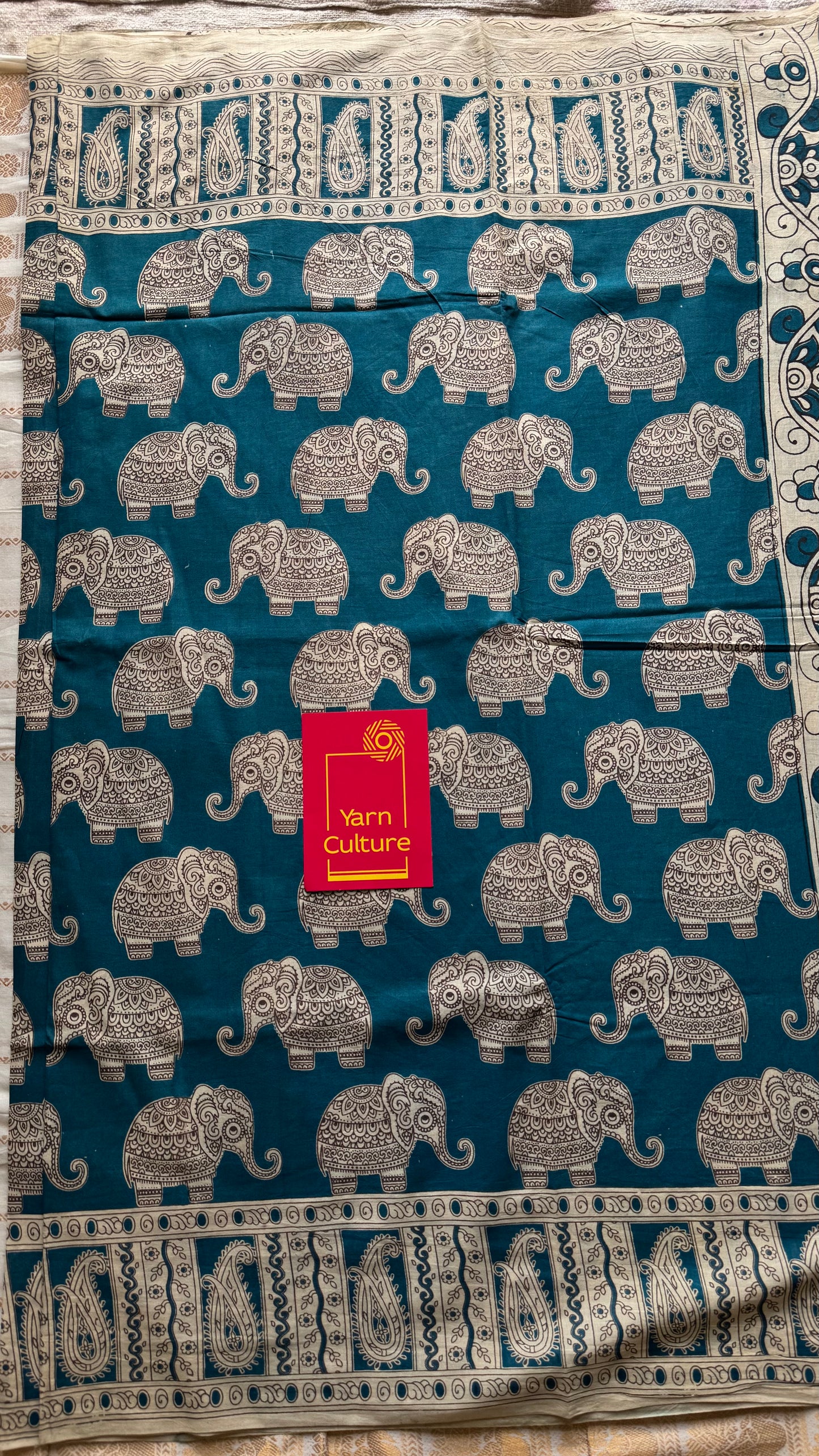 Peacock blue kalamkari saree, elephant motifs, soft cotton - YCWOTDMA350