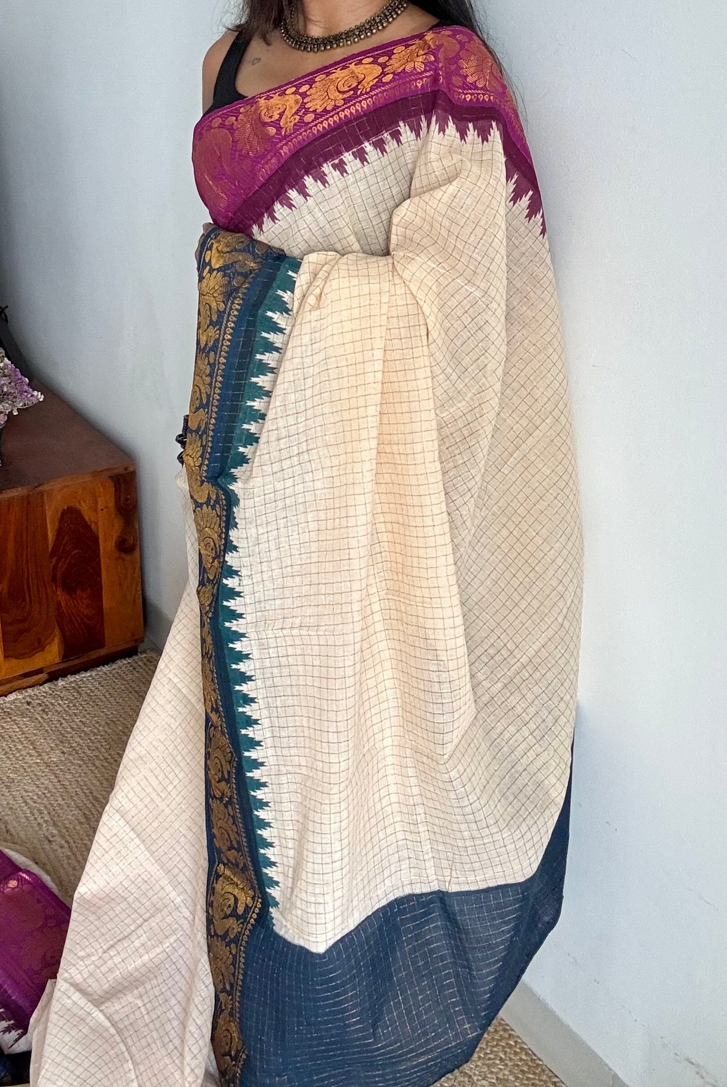 Sungudi cotton checks, ivory gold base, teal and magenta dual tone border, soft cotton - YCCOTNGJJA177