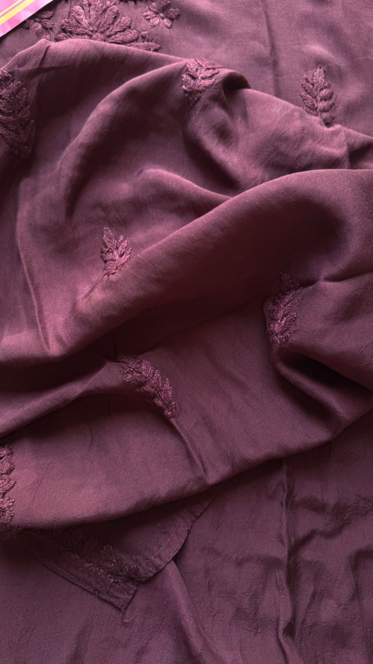 Wine muslin chikankari with ghas patti work, stitched kurta, round neck, three fourth sleeves - YCSECK41